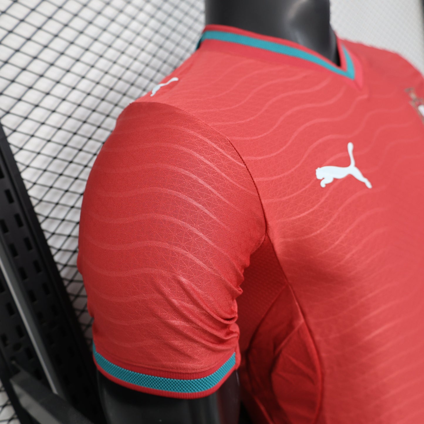 2025/26 Portugal National Team Home Player Version Jersey - Red Tonal Wavy Stripe - Teal V-Neck Collar & Cuff Trim - FPF Crest