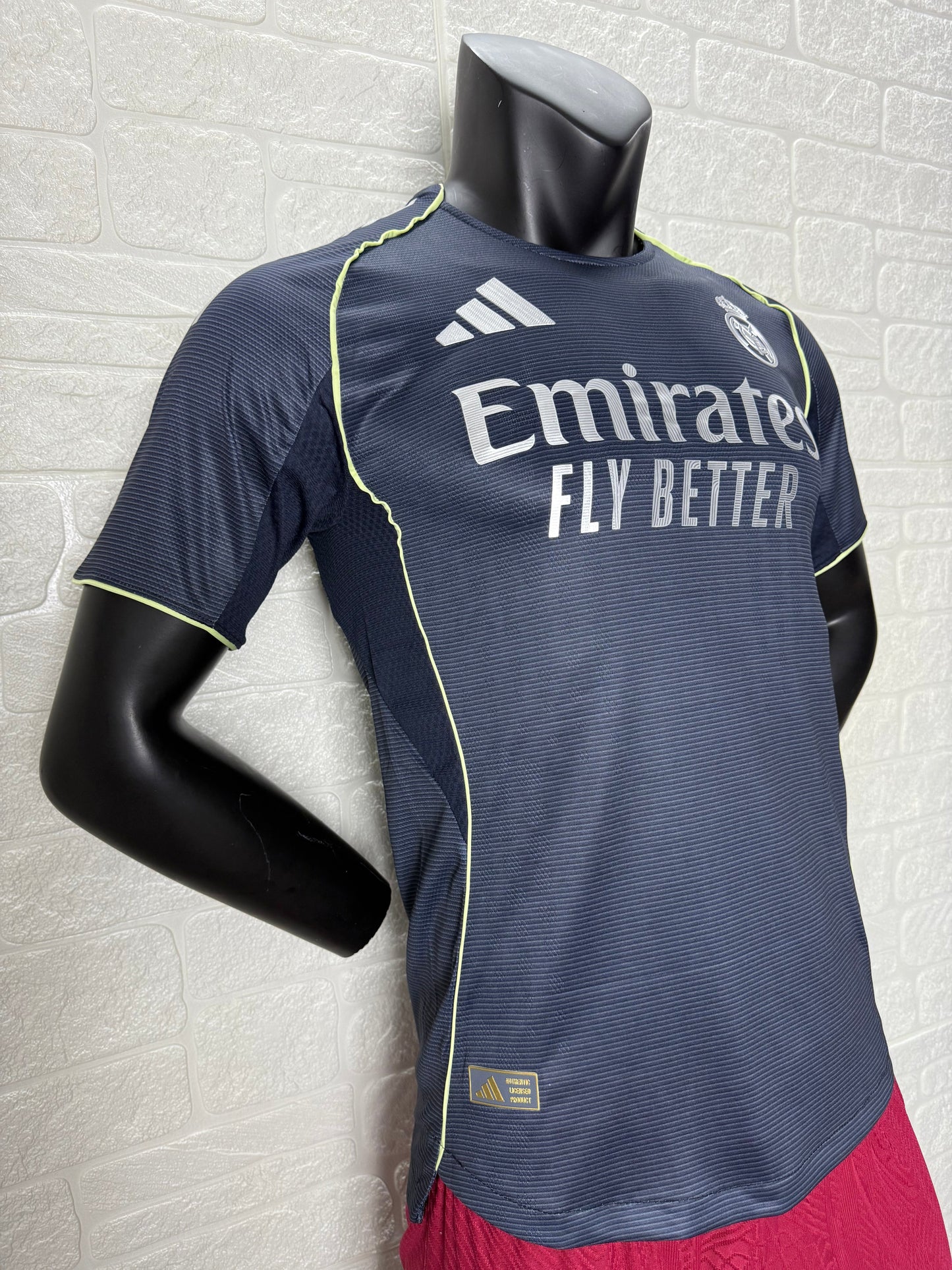 2025/26 Real Madrid Away Player Version Jersey -  Dark Navy Blue Tonal Horizontal Stripe - Neon Yellow Green Piping - Emirates Fly Better
