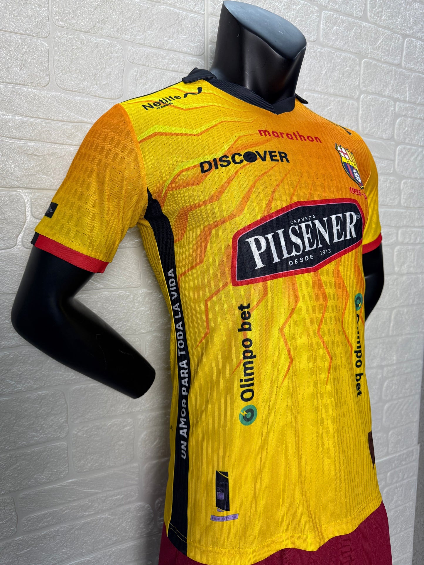 2025/26 Barcelona SC 100th Anniversary Player Version Jersey - Yellow Body Orange Flame Gradient - Marathon - Black V-Neck - Red Sleeve Cuffs - BSC Crest 1925-2025 - Pilsener Principal Sponsor