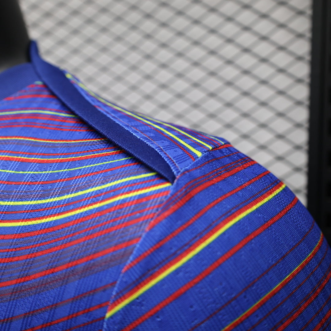 2025/26 FC Barcelona Pre-Match Player Version Jersey - Men's - Deep Purple-Blue Body Multicolour Wave Stripe - Dark Navy Crew Neck - Yellow Swoosh - FCB Crest - Spotify Yellow Sponsor