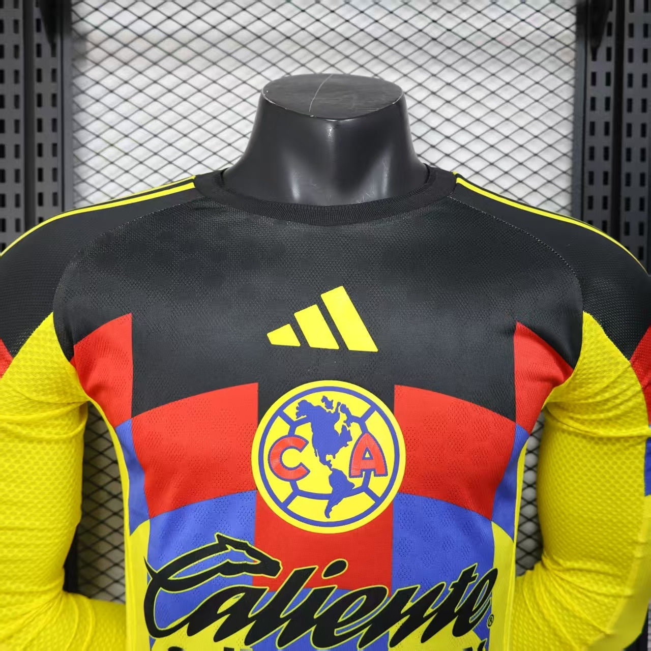 2025/26 Club América Home Long Sleeve Player Version Jersey - Yellow Body Black Upper Chest Red Blue Geometric Colour Block Panels -Yellow Long Sleeves - Club América Crest - Caliente.mx Principal Sponsor