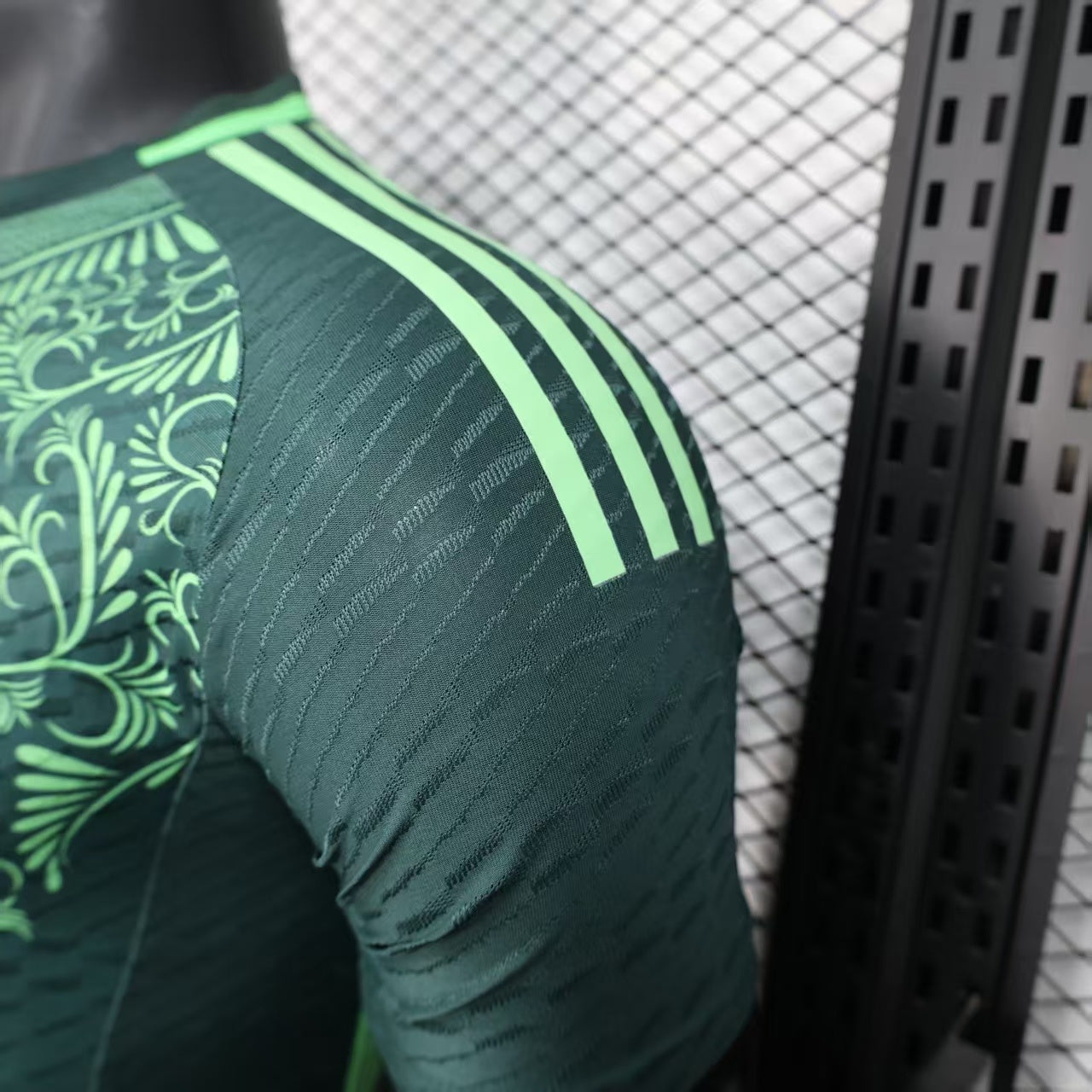 2025/26 Algeria Green Player Version Jersey - Dark Green Body All-Over Arabic-Inspired Floral Vine Embossed Texture - Adidas - Neon Green Side Seam Piping & Crew Neck Trim - Two Gold Stars - Algeria National Team Crest