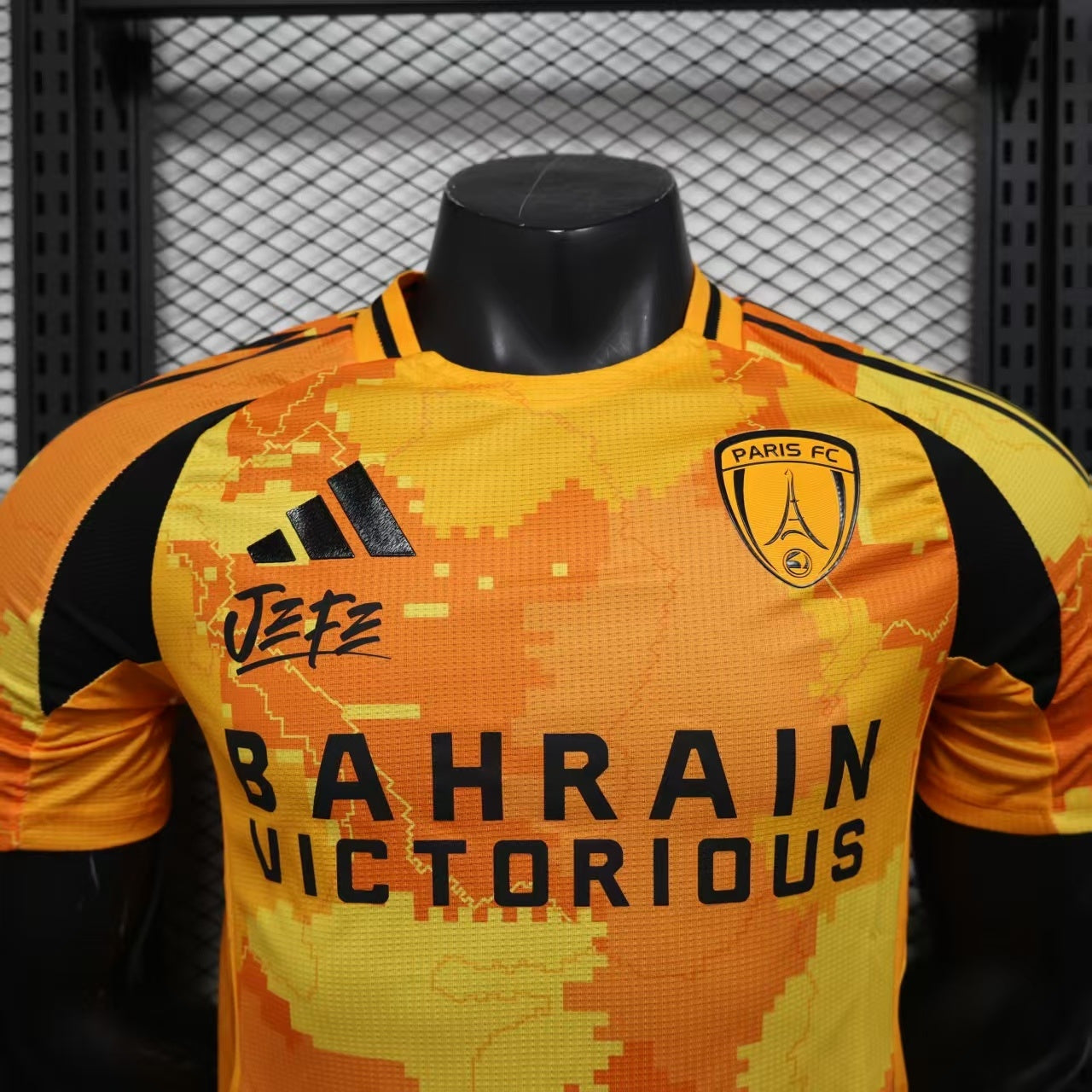 2025/26 Paris FC Away Player Version Jersey -  Orange Yellow Pixel Camo Map Pattern - Bahrain Victorious - Black Sleeves