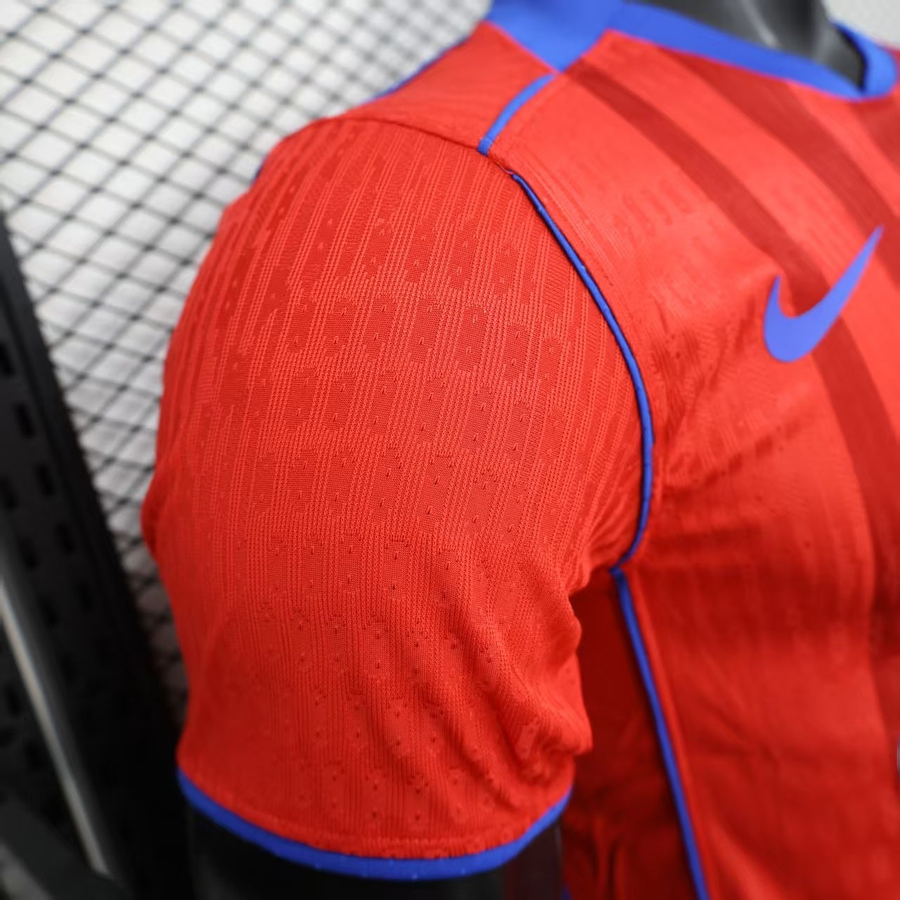 2025/26 PSG Third Away Player Version Jersey -  Red Blue - Qatar Airways - Tonal Vertical Stripe - Blue Collar Piping