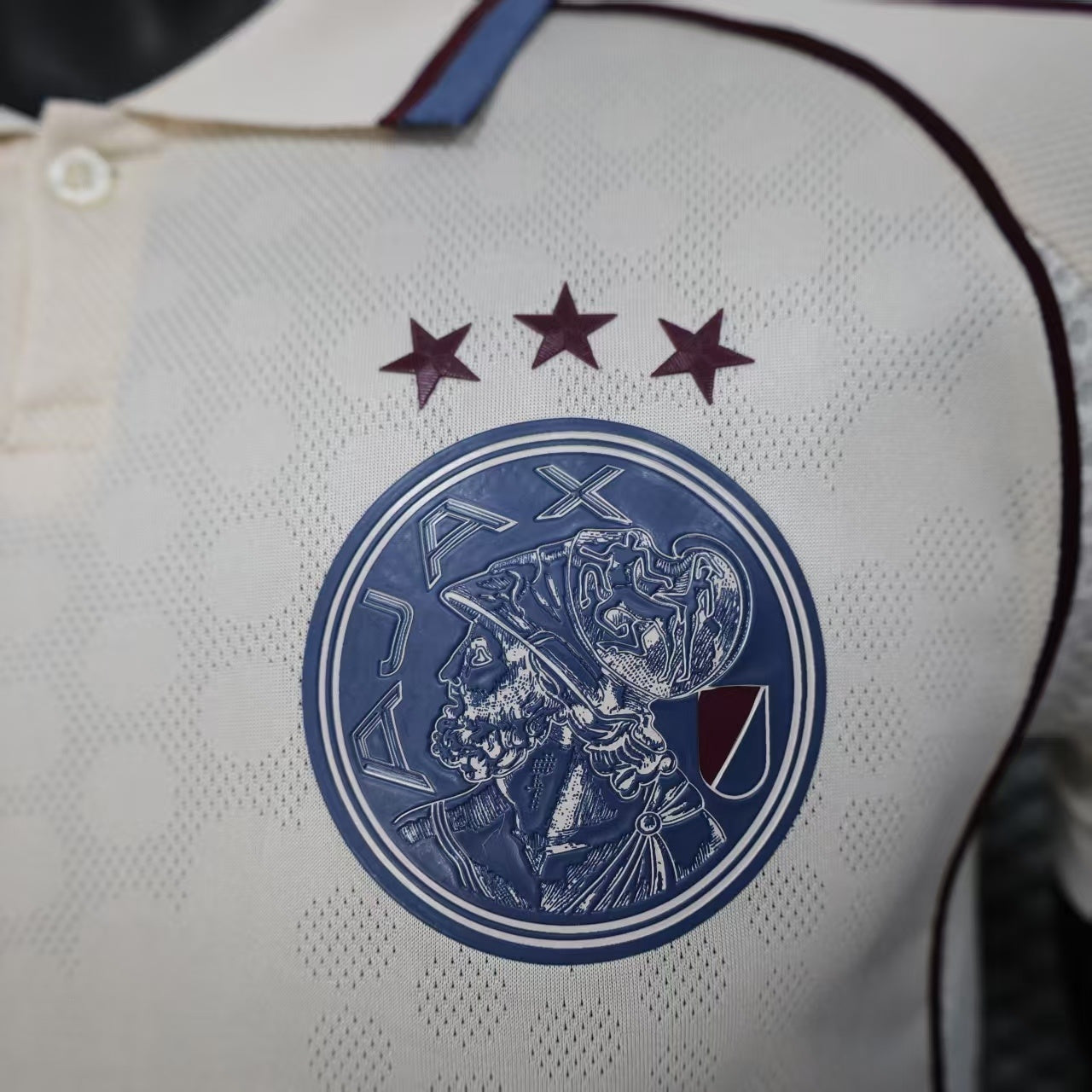 2025/26 Ajax Away Off-White Player Version Jersey - Ziggo - Navy Polo Collar - Four Stars