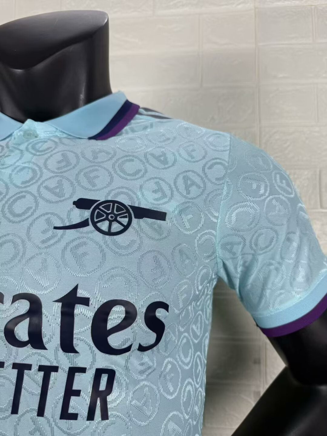 2025/26 Arsenal Special Edition Player Version Jersey - Ice Blue Body All-Over Tonal Cannon Circular Emboss Pattern Deep Purple Polo Collar Deep Purple Sleeve Cuff Trim - Dark Navy Three Stripes - Dark Navy Arsenal Cannon Crest - Emirates Fly Better