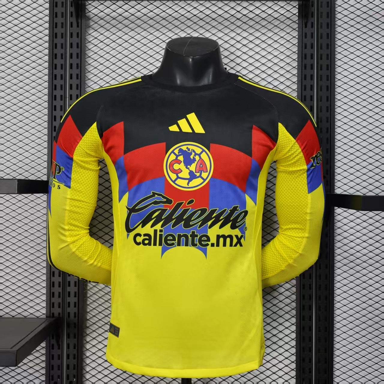 2025/26 Club América Home Long Sleeve Player Version Jersey - Yellow Body Black Upper Chest Red Blue Geometric Colour Block Panels -Yellow Long Sleeves - Club América Crest - Caliente.mx Principal Sponsor