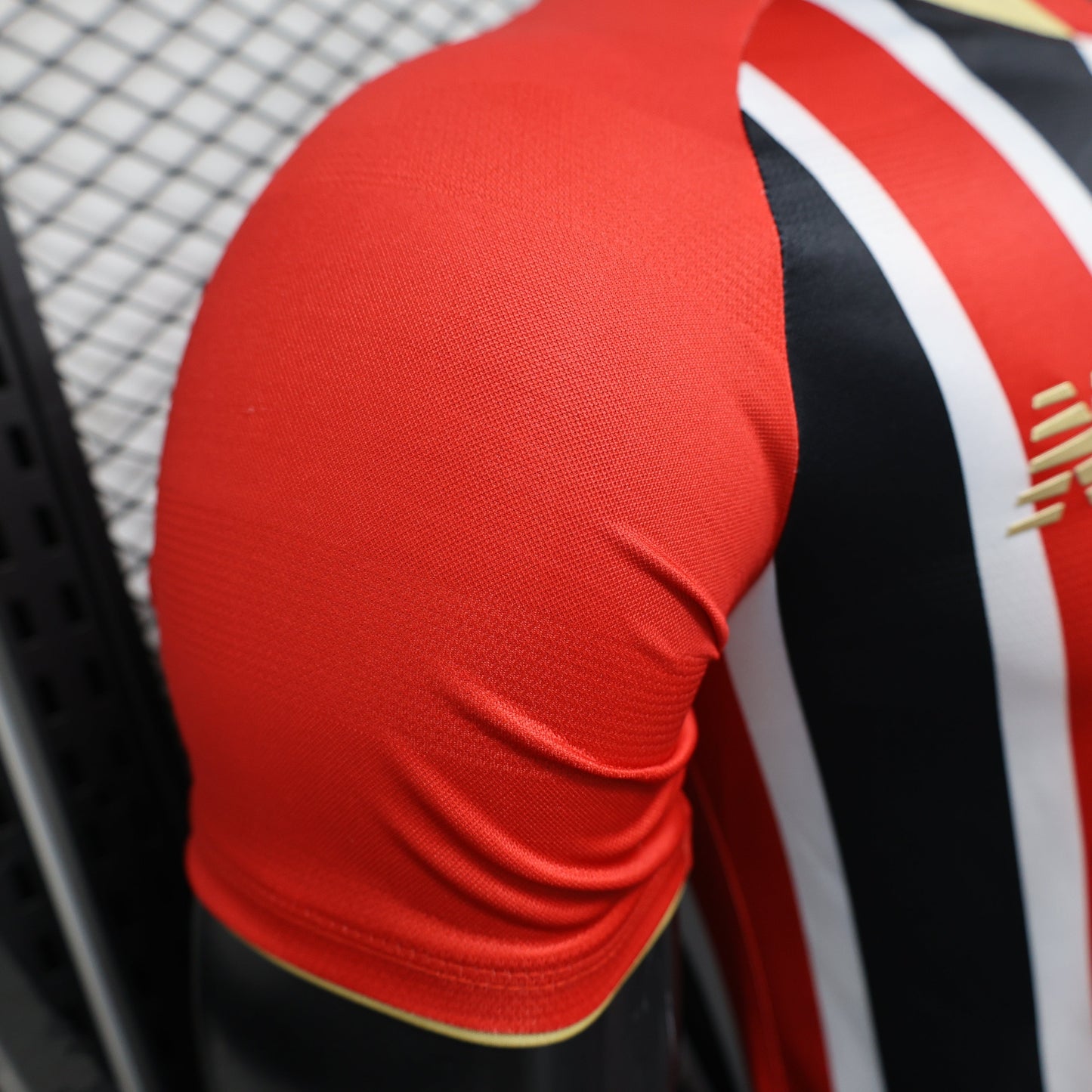 2025/26 São Paulo FC Away Player Version Jersey - New Balance - Red Black White Vertical Thin Stripe - Gold V-Neck Collar - SUPERBET White Sponsor