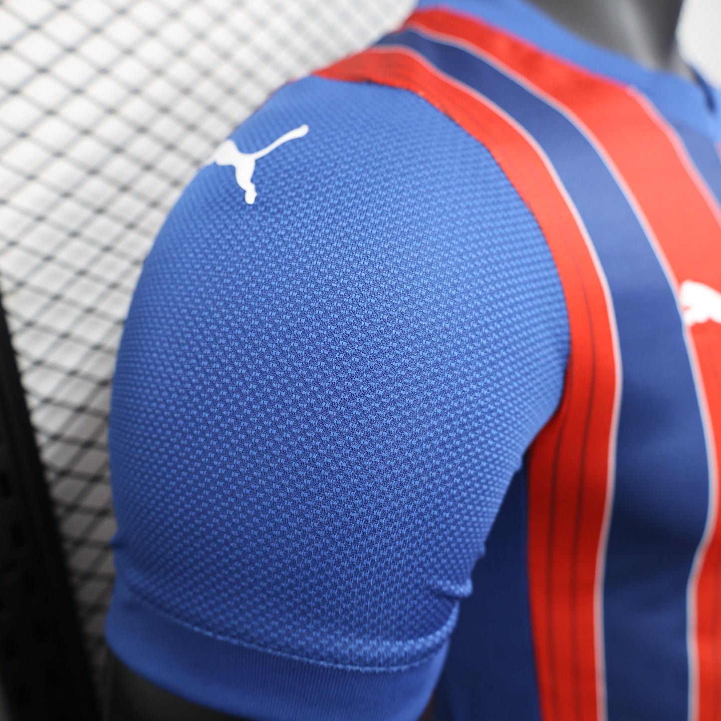 2025/26 Bahia Away Player Version Jersey  - Blue & Red Vertical Wide Stripe - Blue V-Neck Collar - White Puma Logo - Bahia Crest Three Gold Stars - Clean Chest