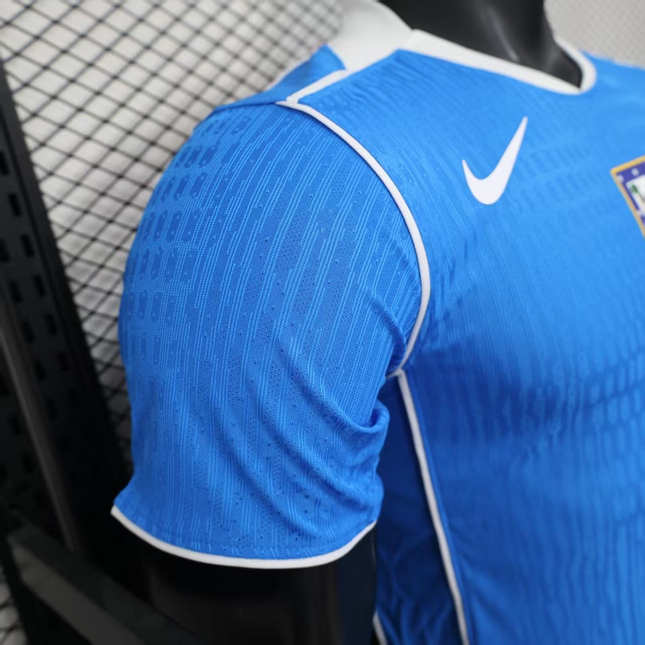 2025/26 Atlético de Madrid Second Away Player Version Jersey- Blue Body - White Trim V-Neck Collar - Red Shoulder Accent - White Nike Swoosh - Atlético Crest - Riyadh Air White Sponsor