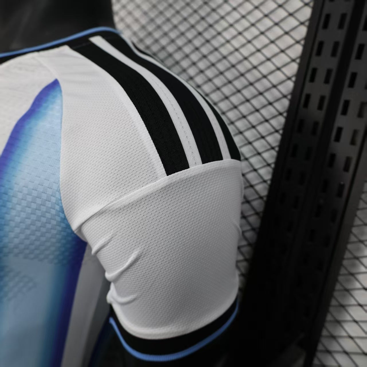 2025/26 Argentina Home Player Version Jersey - White Body Wide Sky Blue Vertical Stripes Diamond Mesh Texture Three Gold Stars Black Sleeve Cuff Trim - Gold Three Stripes - AFA Crest - Men's