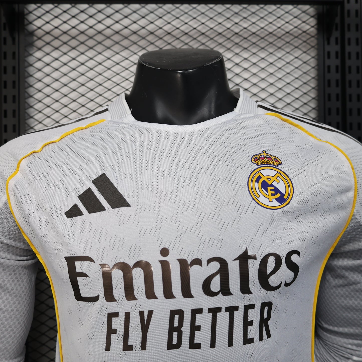 2025/26 Real Madrid Home Long Sleeve Player Version Jersey - White Grey Tonal Fine Texture - Gold Yellow Side Seam Piping - Emirates Fly Better
