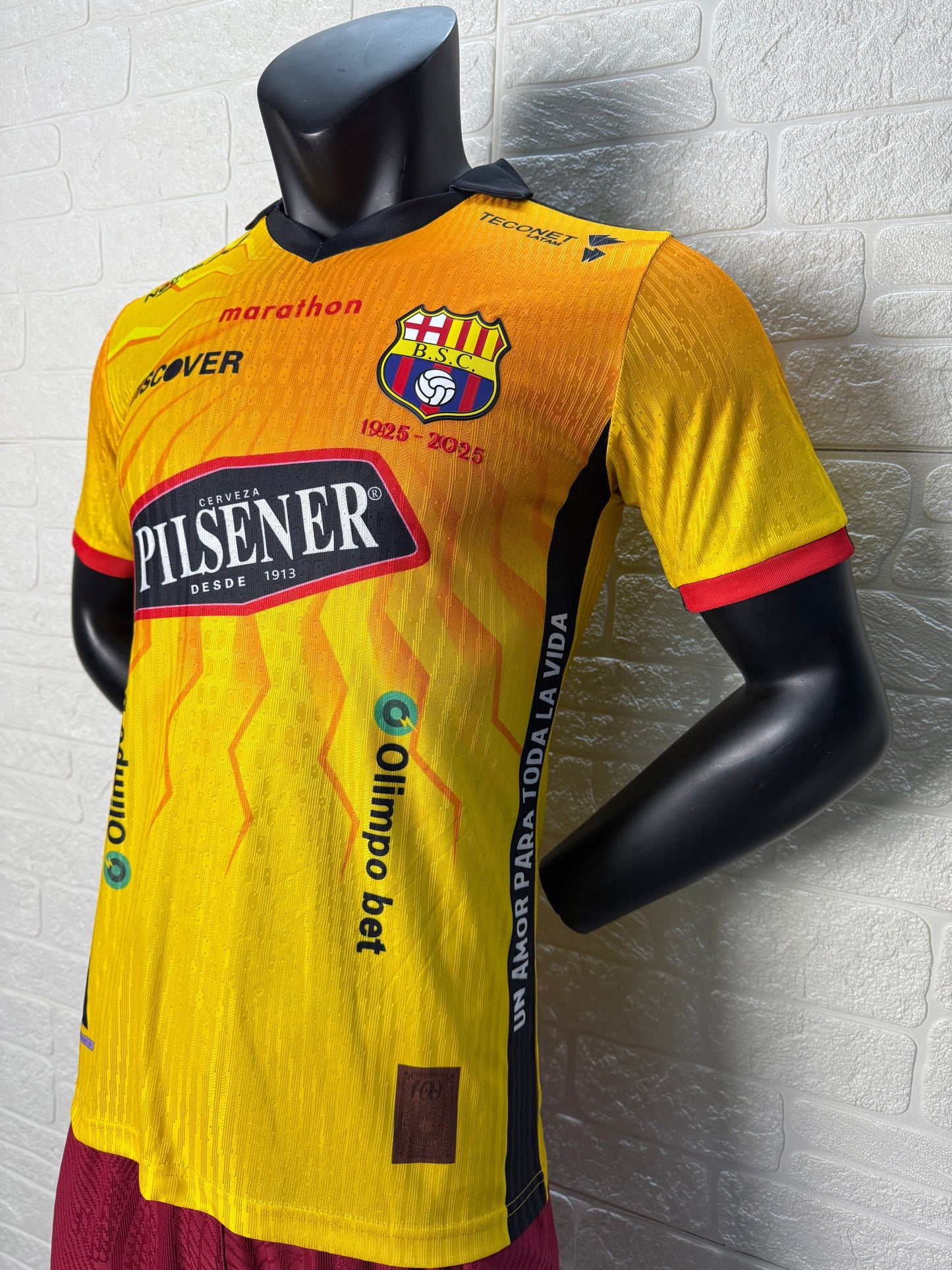 2025/26 Barcelona SC 100th Anniversary Player Version Jersey - Yellow Body Orange Flame Gradient - Marathon - Black V-Neck - Red Sleeve Cuffs - BSC Crest 1925-2025 - Pilsener Principal Sponsor