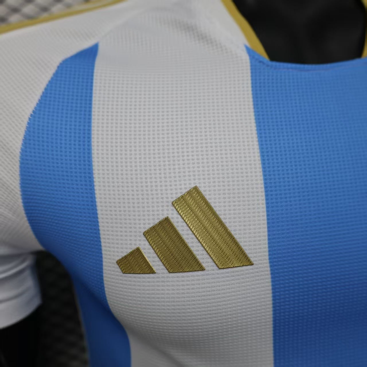 2025/26 Argentina Home Player Version Jersey - White Body Sky Blue Vertical Stripes Three Gold Stars - Gold Three Stripes - AFA Crest - Men's