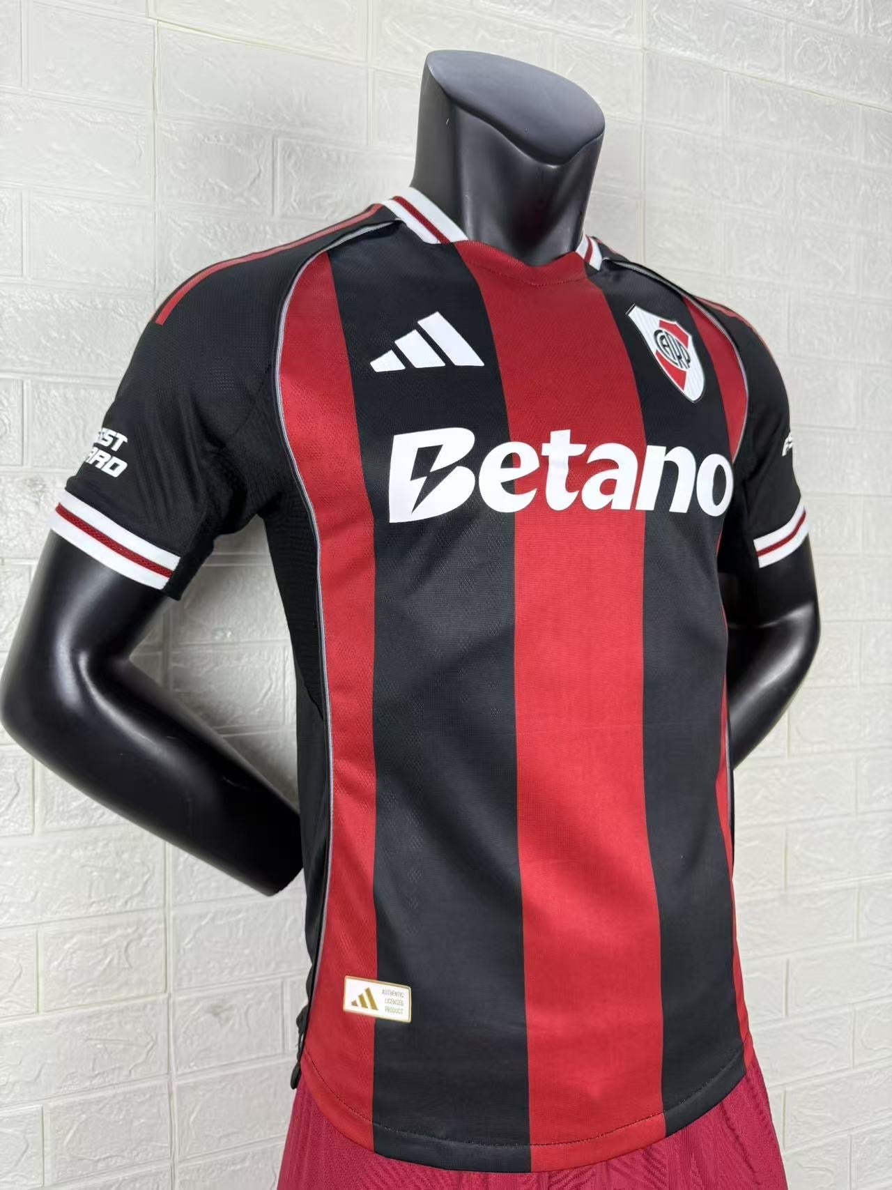 2025/26 River Plate Away Player Version Jersey - Adidas - Black Red Vertical Wide Stripe - White Red Striped V-Neck Collar - Betano White Sponsor