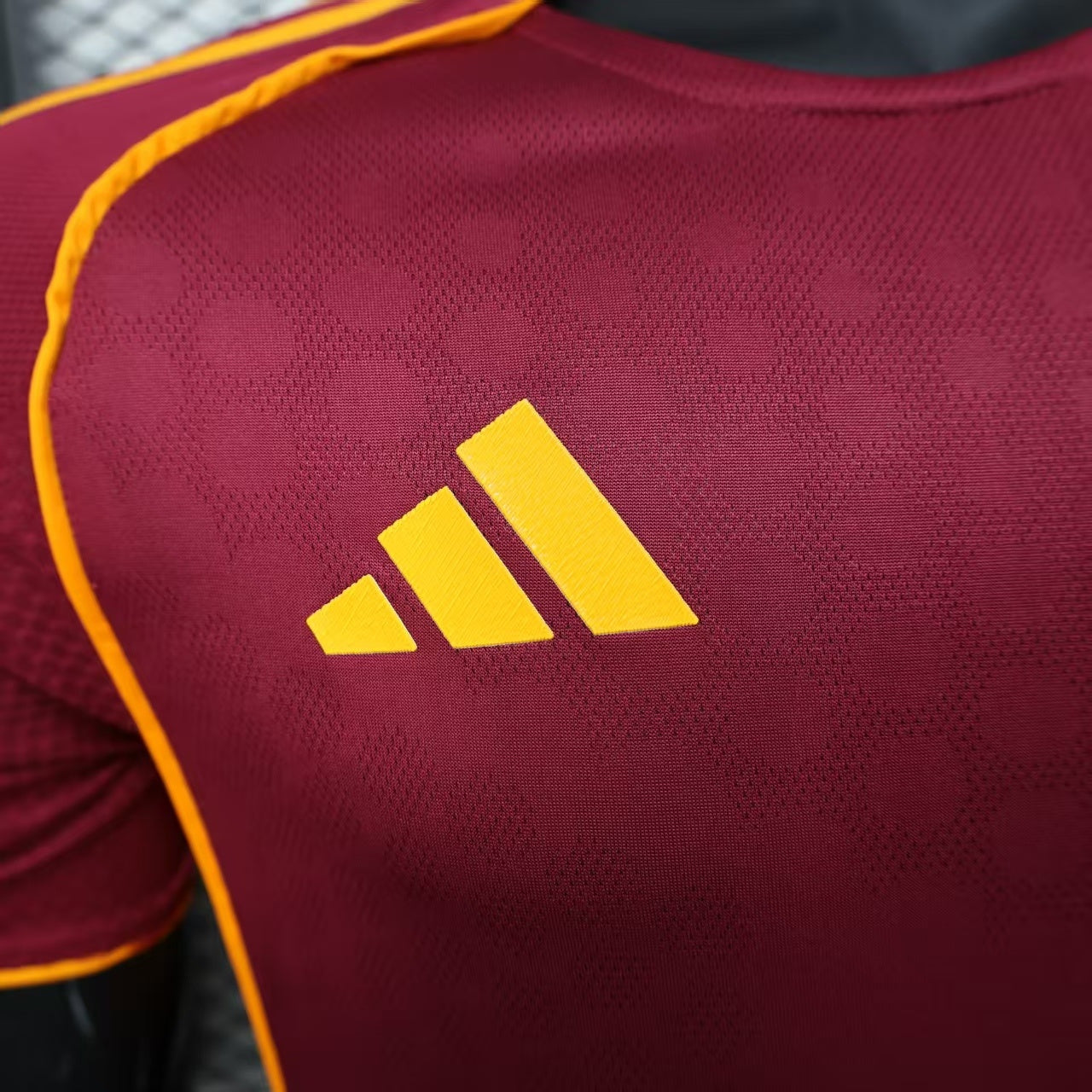 2025/26 AS Roma Home Player Version Jersey - Deep Maroon Body Gold Yellow Side Panel Stripe Seam Detail Gold Yellow Three Stripes - AS Roma Official Shield Crest Gold Yellow Purple She-Wolf Romulus Remus - Men's