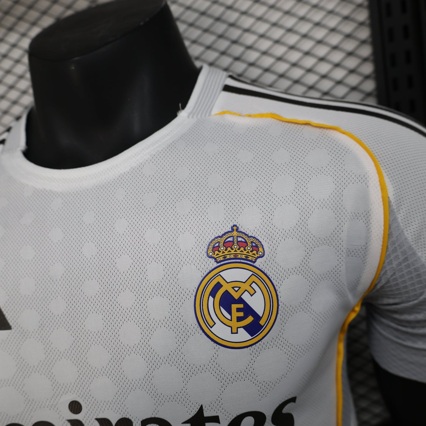 2025/26 Real Madrid Home Player Version Jersey -  White Grey Tonal Diamond Honeycomb Texture - Gold Yellow Side Seam Piping - Emirates Fly Better