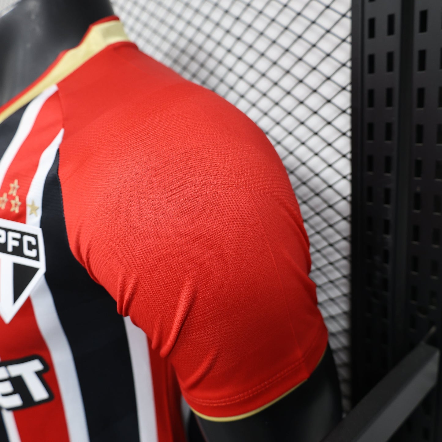 2025/26 São Paulo FC Away Player Version Jersey - New Balance - Red Black White Vertical Thin Stripe - Gold V-Neck Collar - SUPERBET White Sponsor