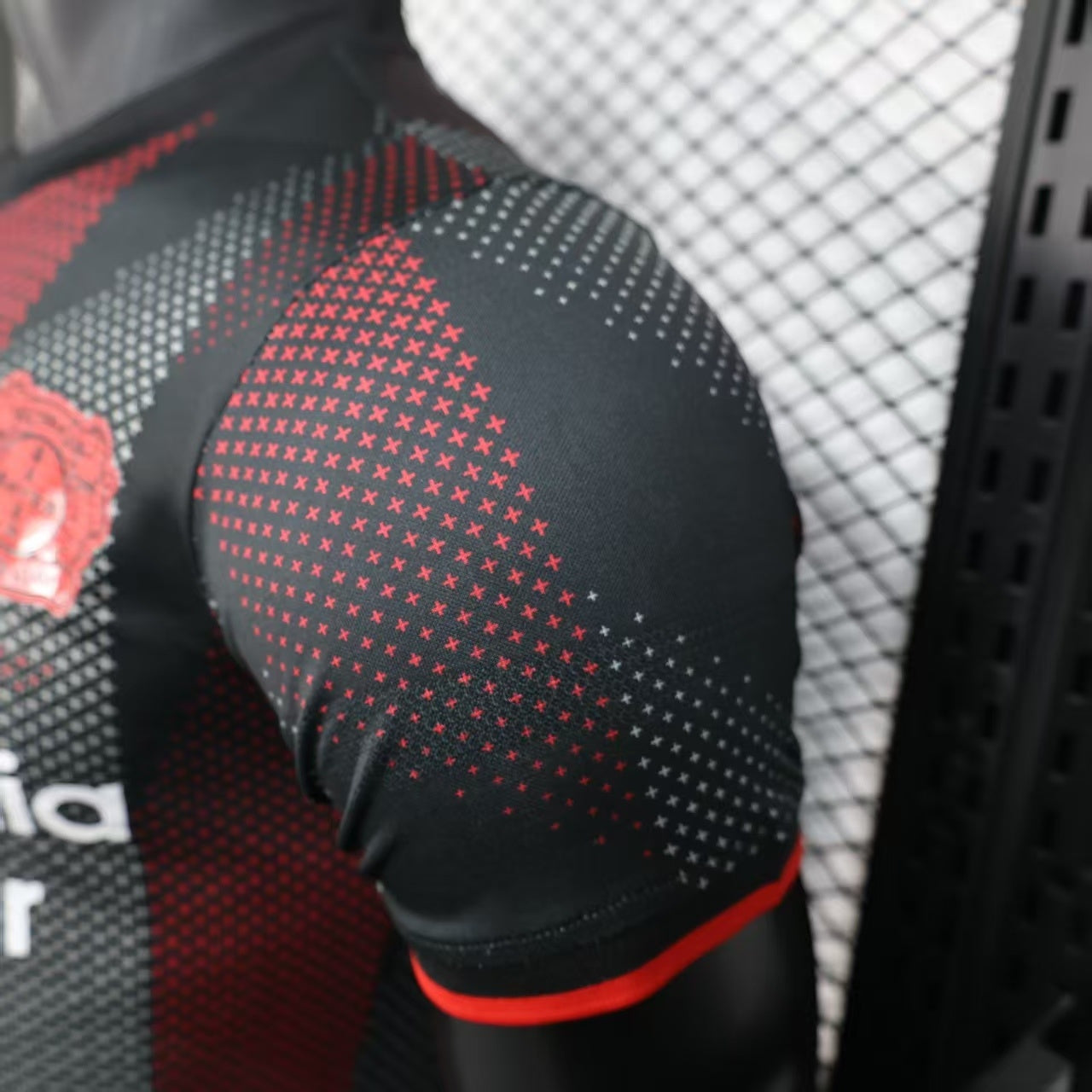 2025/26 Bayer Leverkusen Home Player Version Jersey - Black Dark Red Vertical Stripe All-Over Dot Texture -  Crew Neck Red Trim - Red Sleeve Cuffs - Bayer Leverkusen Crest - Barmenia Gothaer Principal Sponsor
