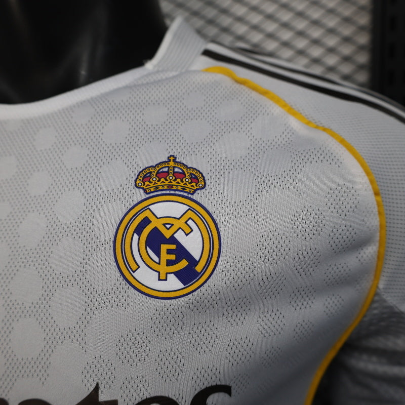 2025/26 Real Madrid Home Long Sleeve Player Version Jersey - White Grey Tonal Fine Texture - Gold Yellow Side Seam Piping - Emirates Fly Better