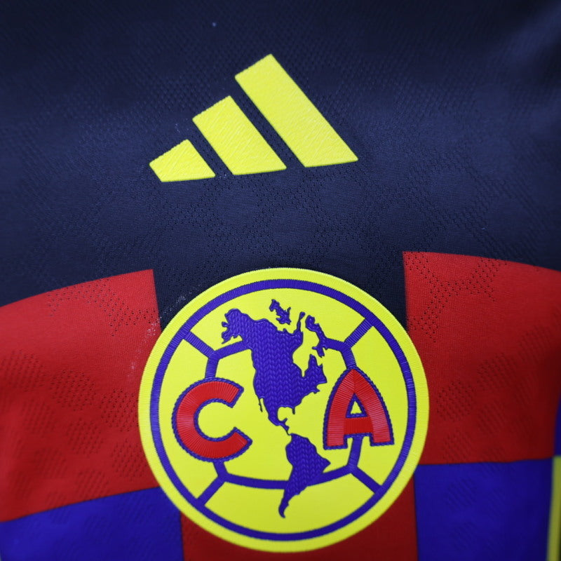 2025/26 Club América Home Player Version Jersey - Yellow Body Black Upper Chest Red Blue Geometric Colour Block Panels - Yellow Three Stripes - Club América Crest - Caliente.mx Principal Sponsor