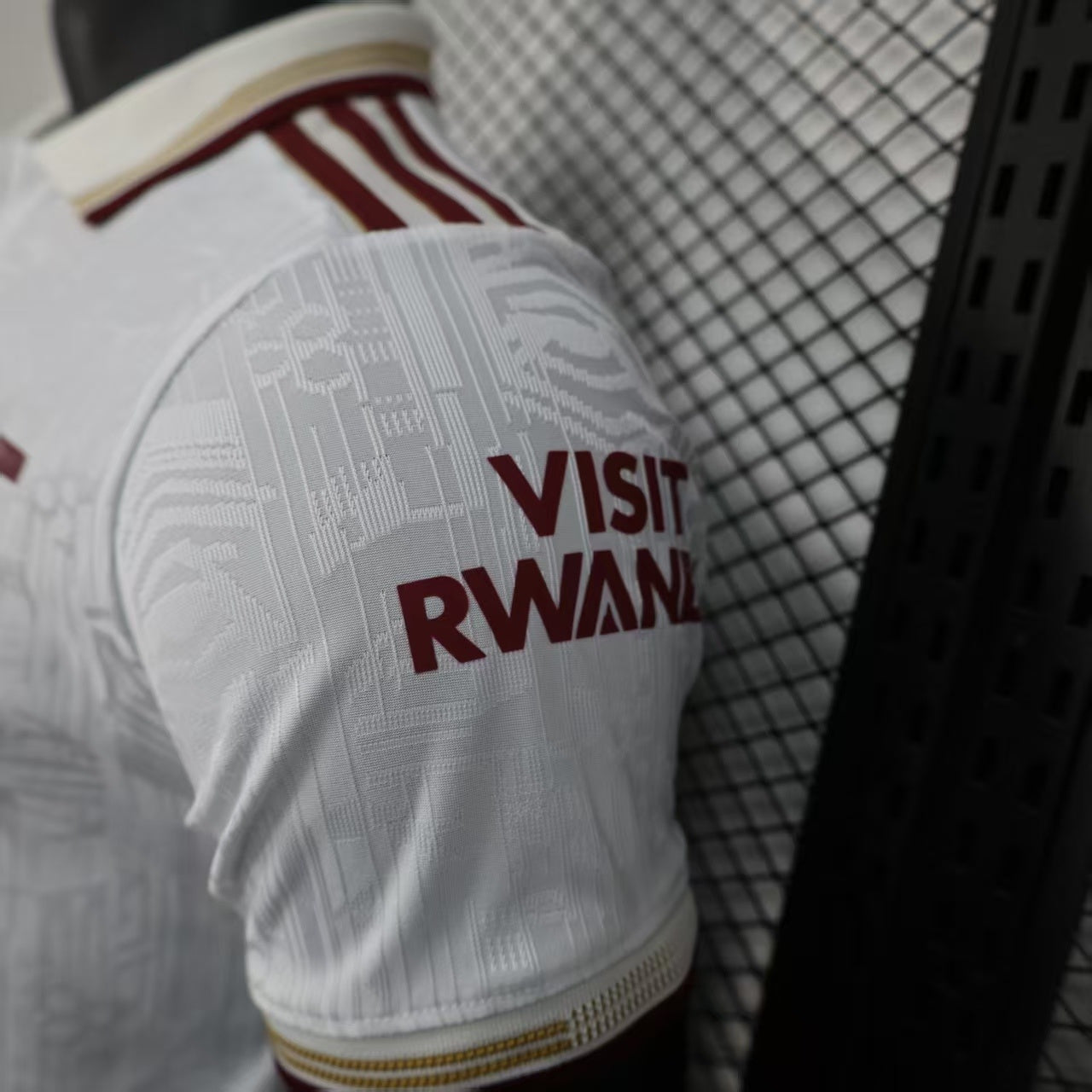 2025/26 Arsenal Away Player Version Jersey - White Body All-Over Subtle Tonal Graphic Texture Deep Maroon Polo Collar Gold Cream Stripe Trim - Originals Trefoil - Arsenal Cannon Crest - Emirates Fly Better - Men's