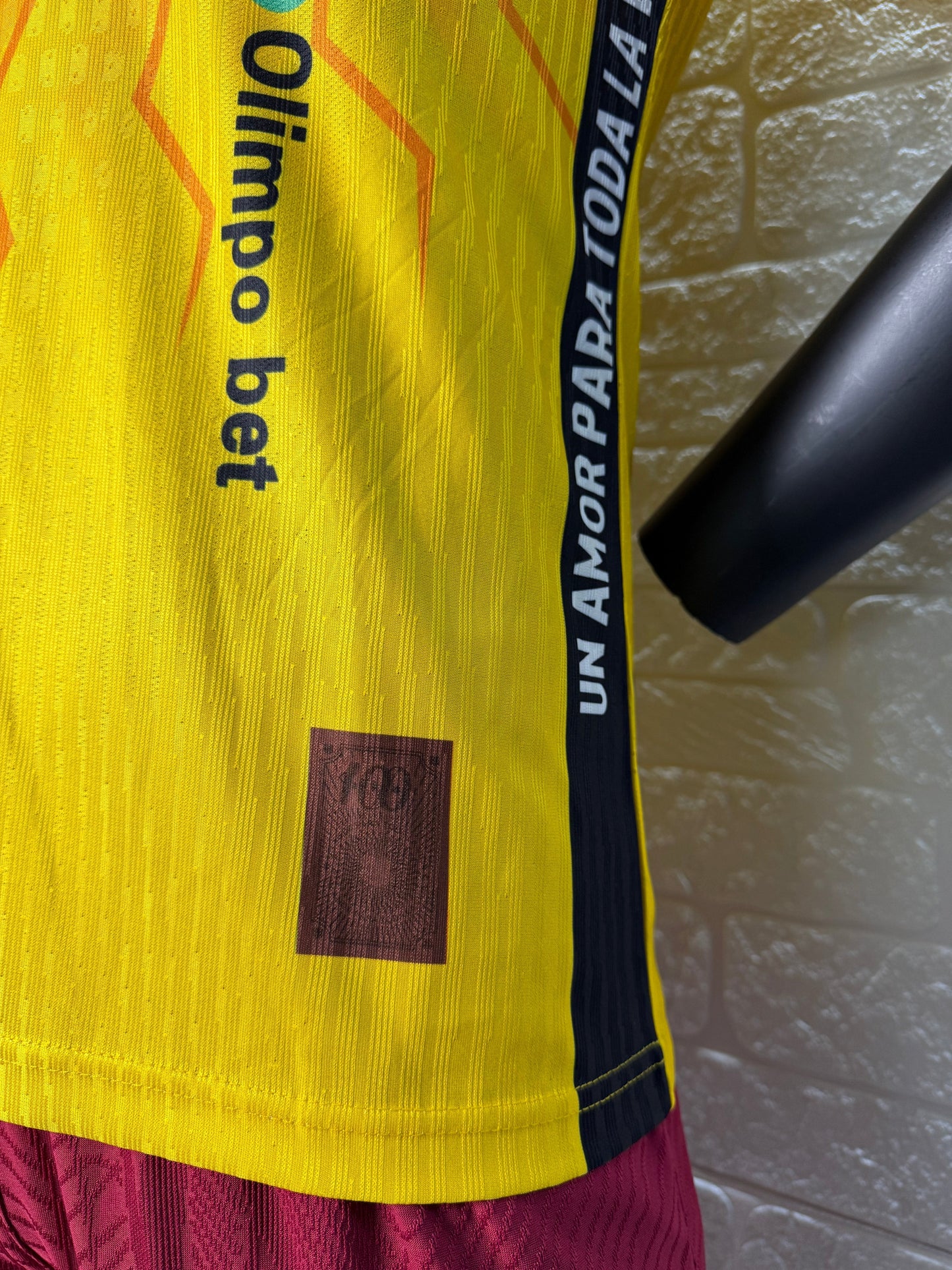 2025/26 Barcelona SC 100th Anniversary Player Version Jersey - Yellow Body Orange Flame Gradient - Marathon - Black V-Neck - Red Sleeve Cuffs - BSC Crest 1925-2025 - Pilsener Principal Sponsor
