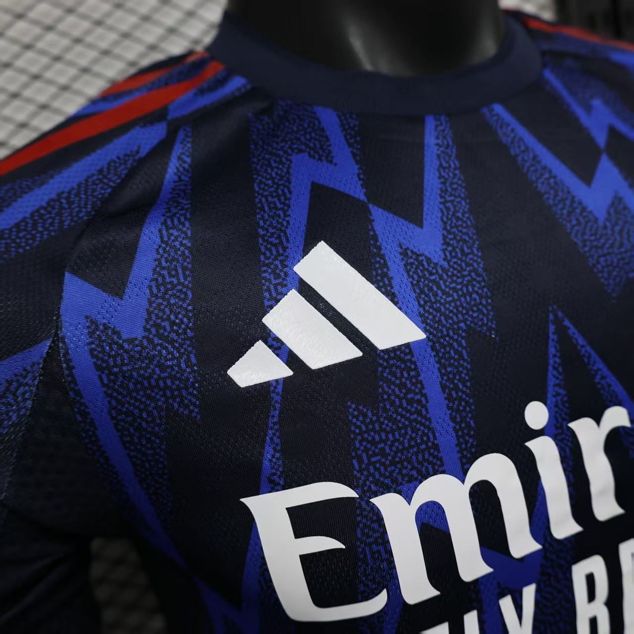 2025/26 Arsenal Away Player Version Jersey - Dark Navy Blue Body All-Over Blue Lightning Bolt Zigzag Graphic Red Sleeve Cuff Trim - White Three Stripes - Arsenal Cannon Crest - Emirates Fly Better - Men's