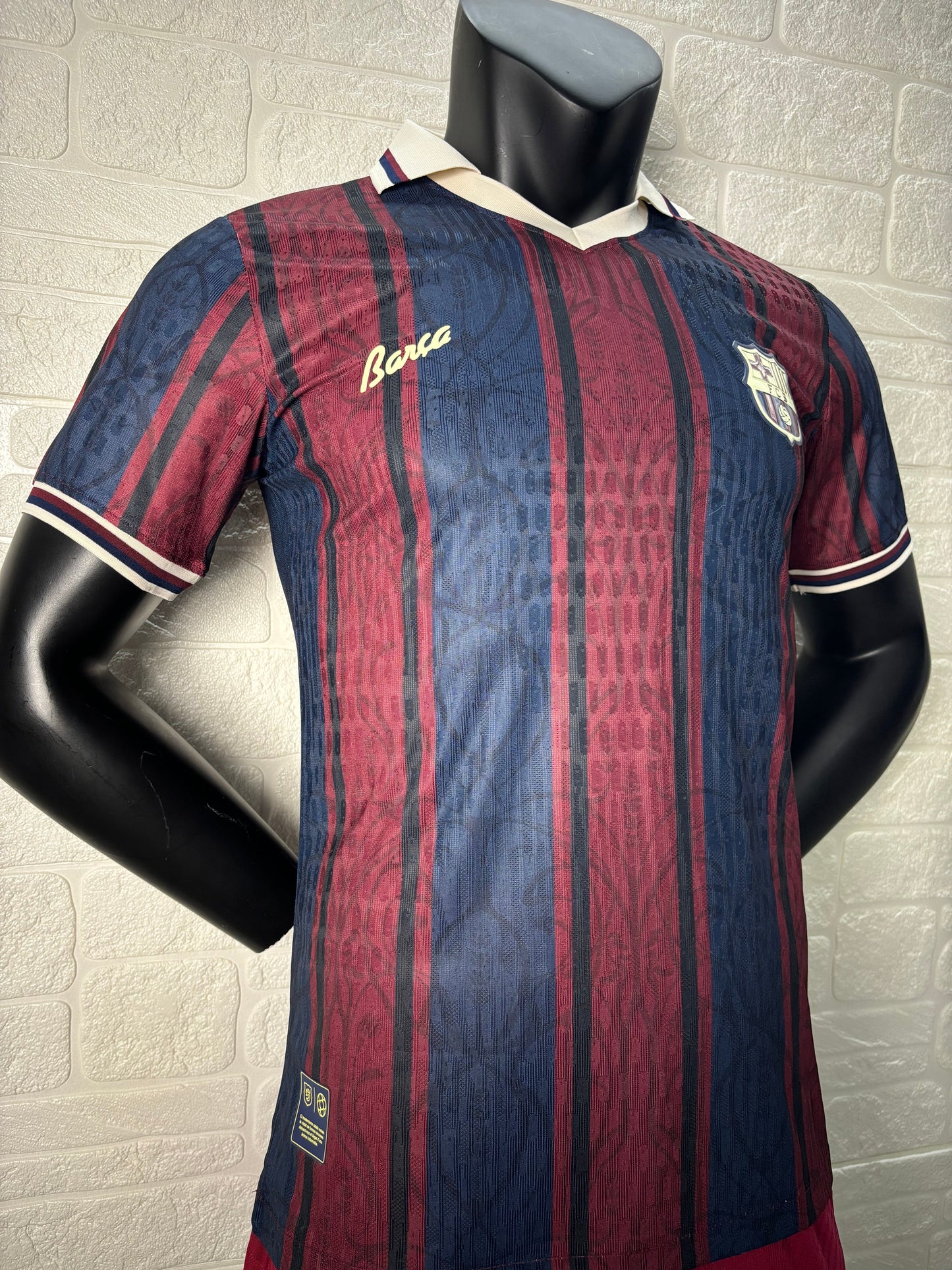 2025/26 FC Barcelona 125th Anniversary Edition Player Version Jersey - Dark Navy Blue & Deep Red Vertical Stripe - White V-Neck Collar - Gold Barça Script - Vintage FCB Crest - Clean Chest
