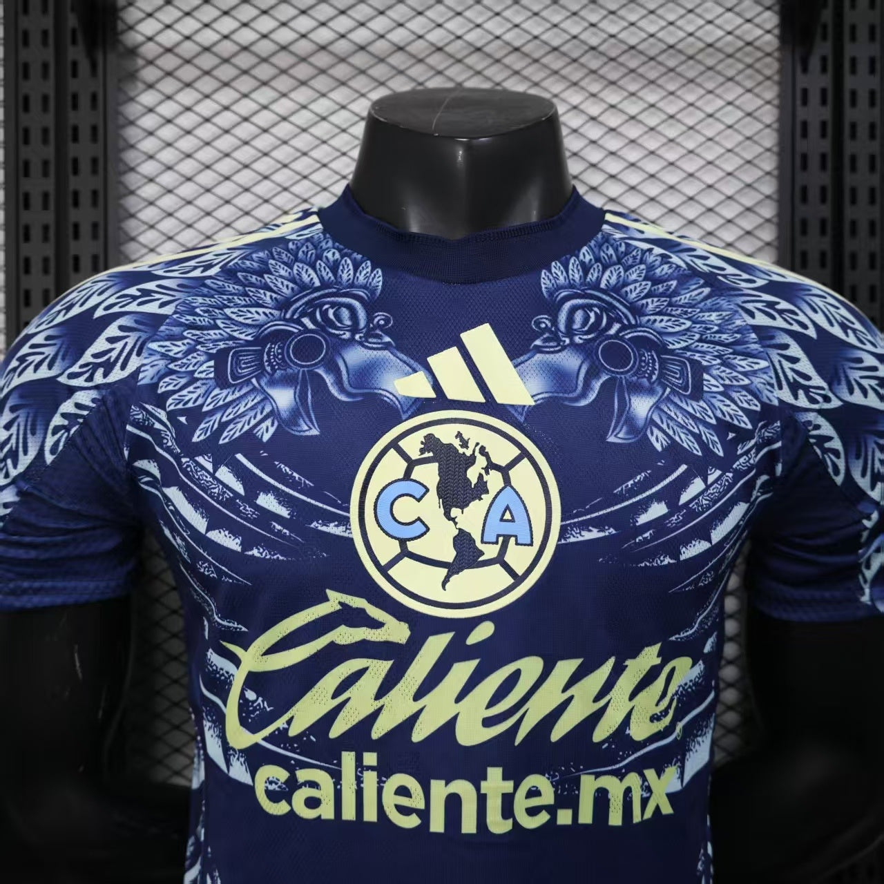 2025/26 Club América Away Player Version Jersey - Dark Navy Blue Body All-Over Aztec Eagle Deity Embossed Graphic -  Yellow-Green Three Stripes - Club América Crest - Caliente.mx Principal Sponsor