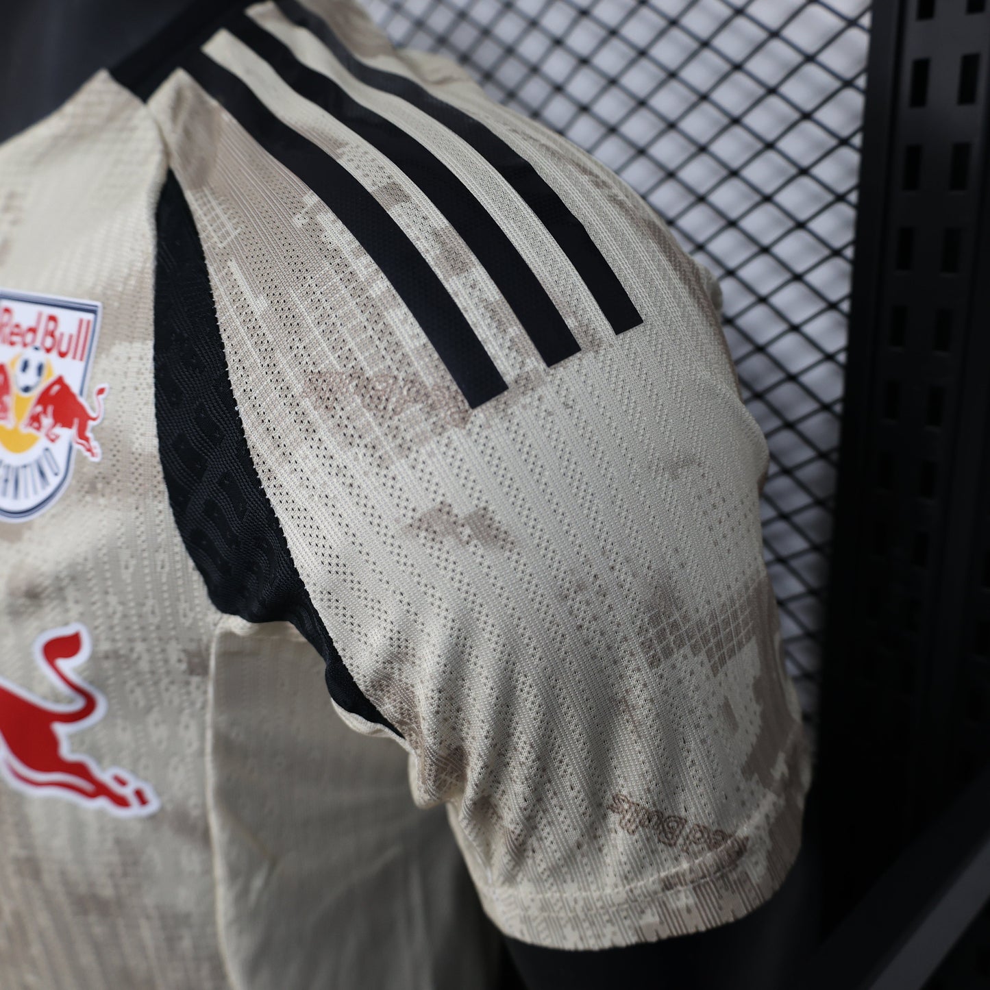 2025/26 New York Red Bulls Away Player Version Jersey - Adidas - Off-White Cream Desert Camouflage Pattern - Black Side Panels - Red Bull Double Bull Yellow Sun Crest