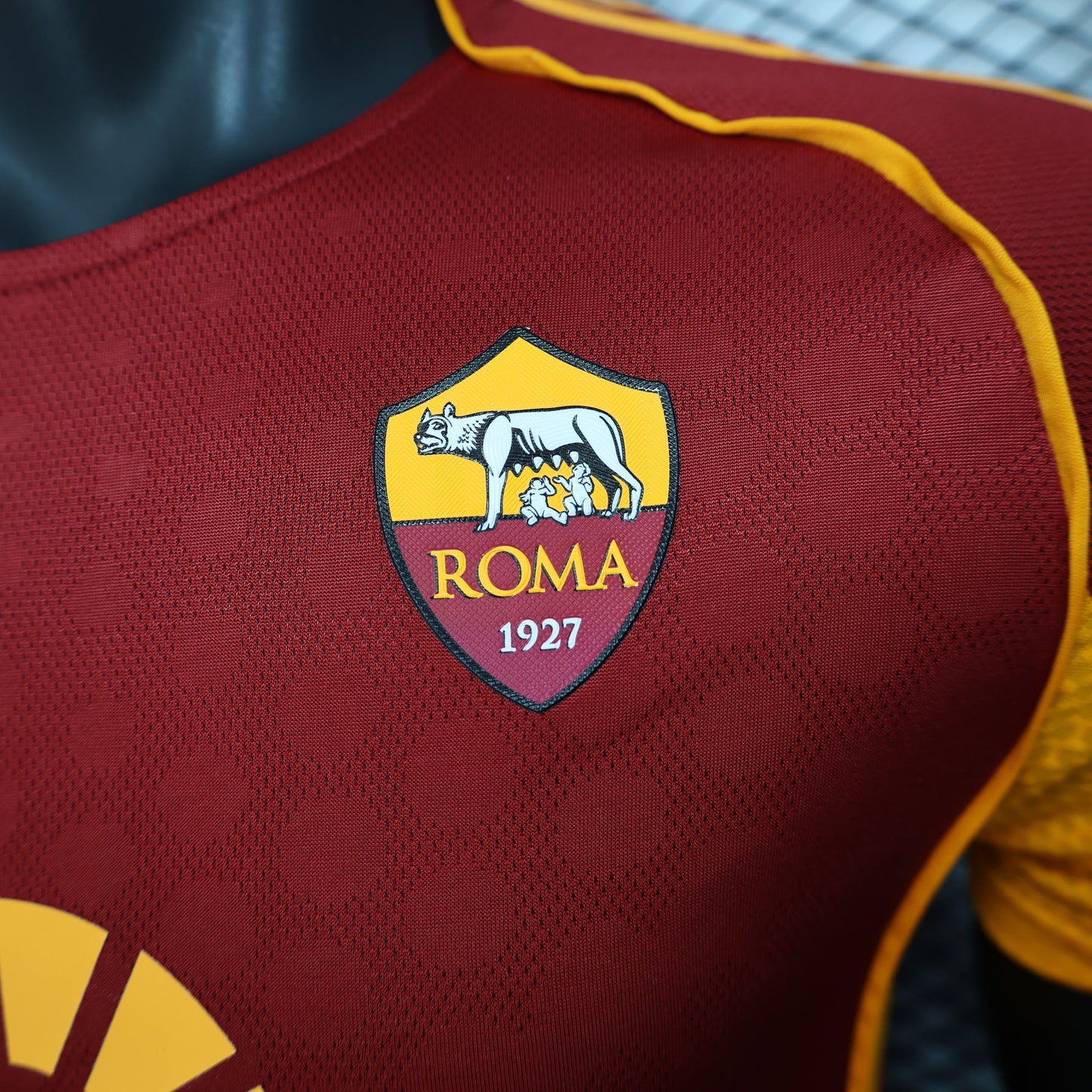 2025/26 AS Roma Home Player Version Jersey - Claret Dark Red Body - Gold Yellow Side Panels & Sleeves - Riyadh Season Gold Yellow Sponsor