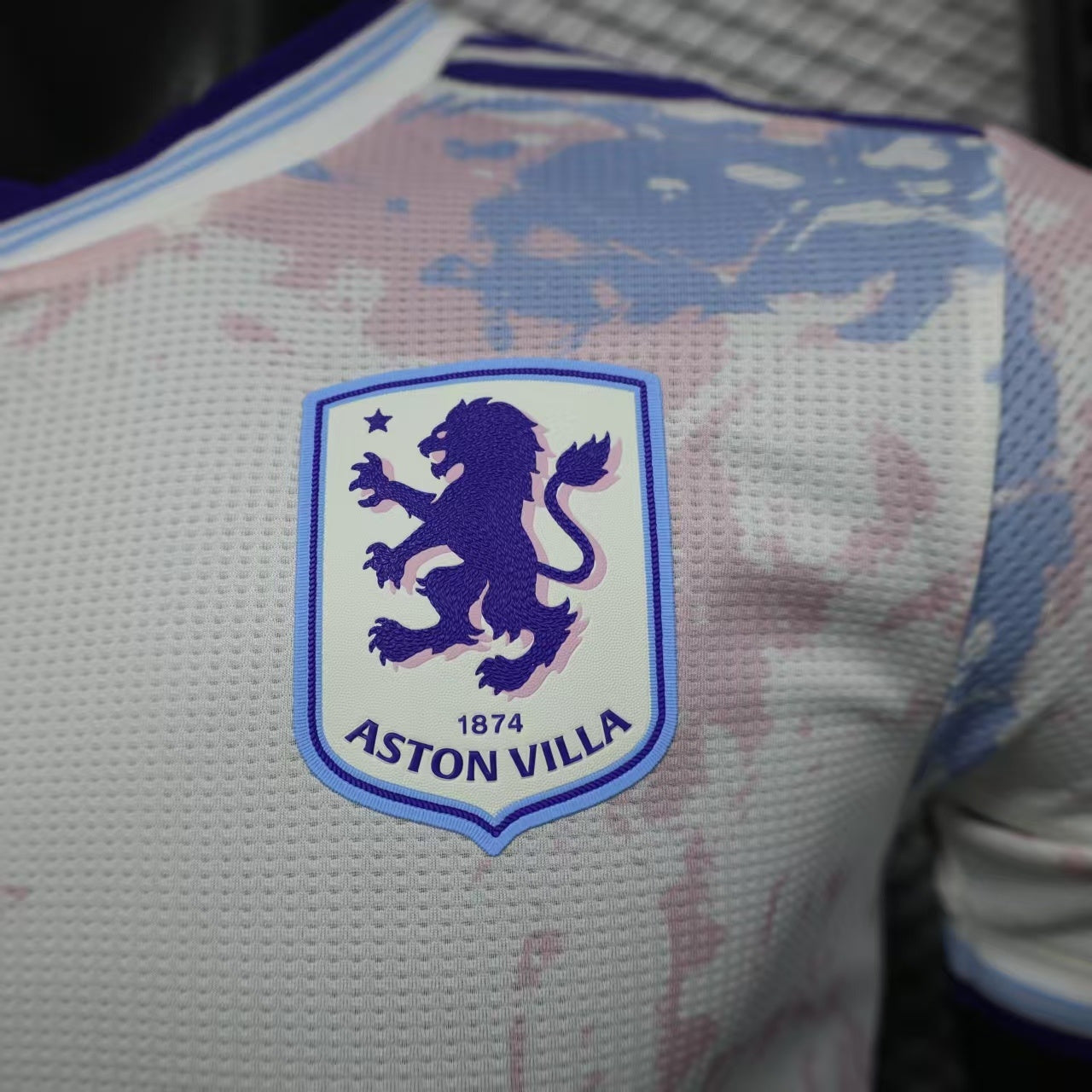 2025/26 Aston Villa Away Player Version Jersey - White Body All-Over Blue Pink Watercolour Wash Camo Graphic Dark Navy V-Neck Collar Dark Navy Sleeve Cuff Trim - Originals Trefoil - Aston Villa Lion Shield Crest - Betano - Men's