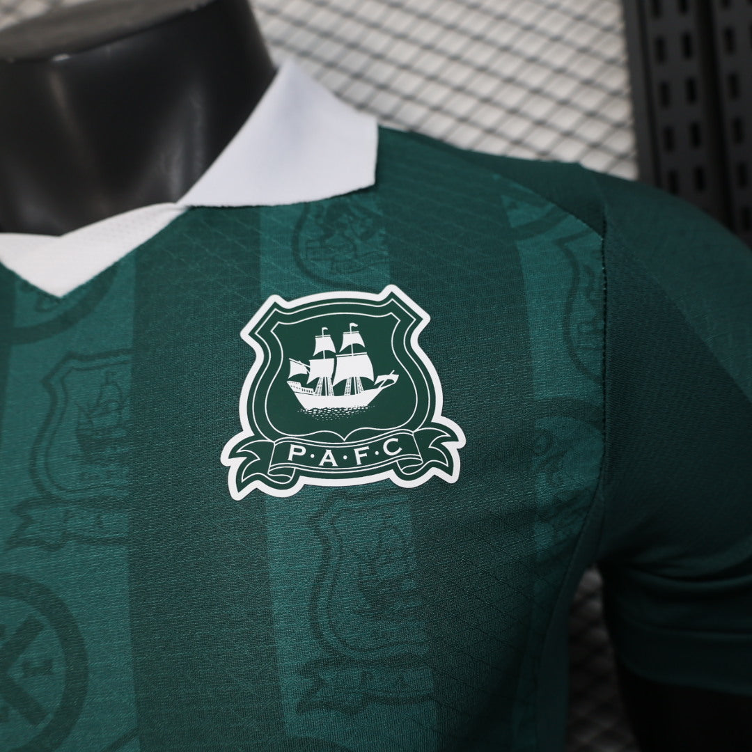 2025/26 Plymouth Argyle Home Player Version Jersey -  Dark Green Tonal All-Over Pattern - White Polo Collar