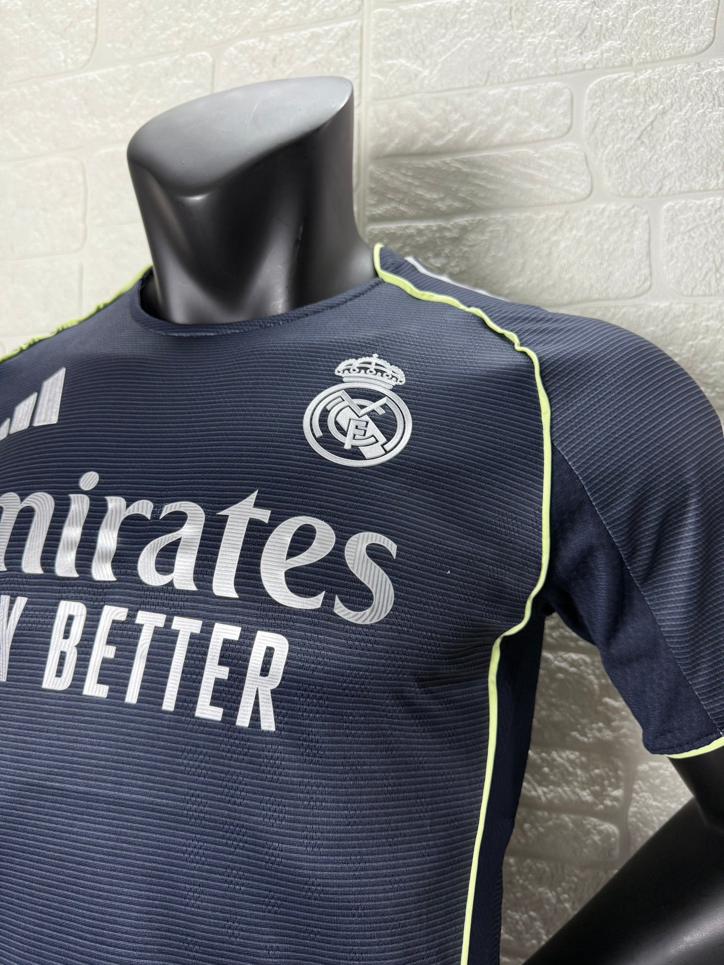 2025/26 Real Madrid Away Player Version Jersey -  Dark Navy Blue Tonal Horizontal Stripe - Neon Yellow Green Piping - Emirates Fly Better