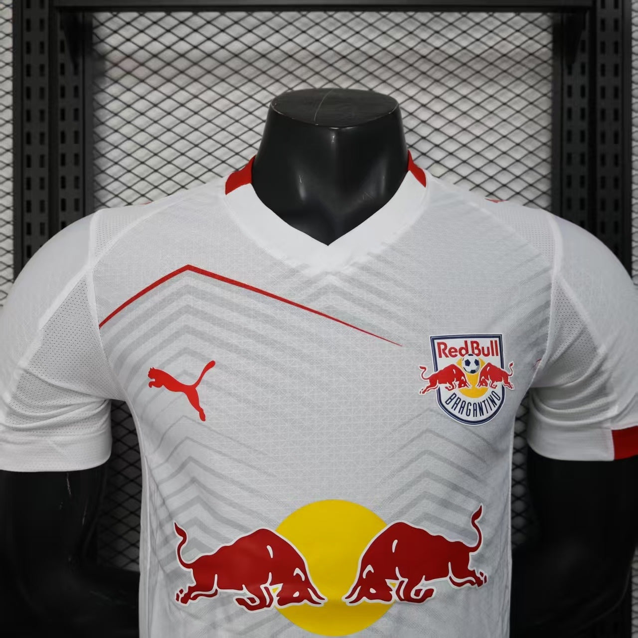 2025/26 RB Leipzig Home Player Version Jersey - White Red Geometric Arrow Chevron Pattern - Red Bull Double Bull Yellow Sun Crest