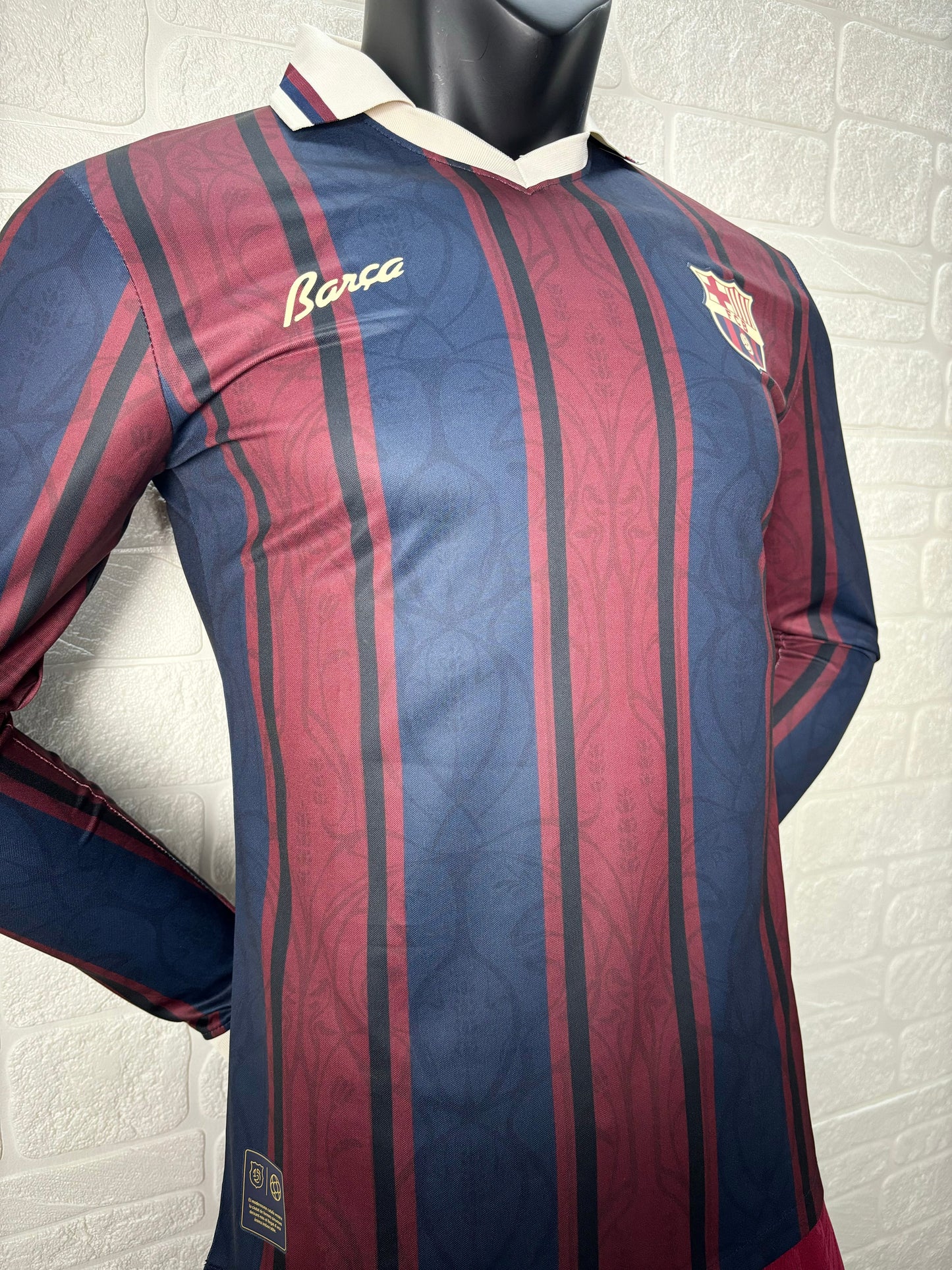 2025/26 FC Barcelona 125th Anniversary Edition Player Version Long Sleeve Jersey - Dark Navy Blue & Deep Burgundy Vertical Stripe - White Retro Polo Collar - Gold Barça Script - Retro FCB Crest - Clean Chest