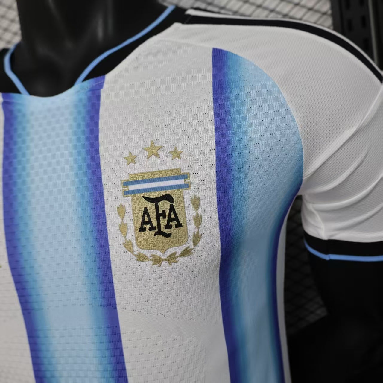 2025/26 Argentina Home Player Version Jersey - White Body Wide Sky Blue Vertical Stripes Diamond Mesh Texture Three Gold Stars Black Sleeve Cuff Trim - Gold Three Stripes - AFA Crest - Men's