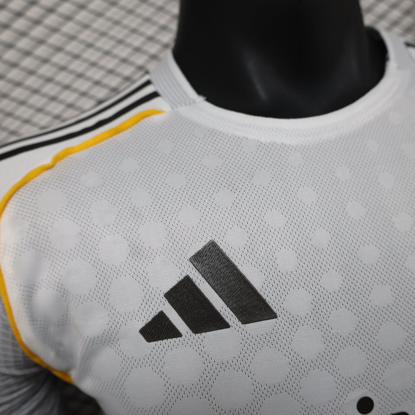2025/26 Real Madrid Home Player Version Jersey -  White Grey Tonal Diamond Honeycomb Texture - Gold Yellow Side Seam Piping - Emirates Fly Better