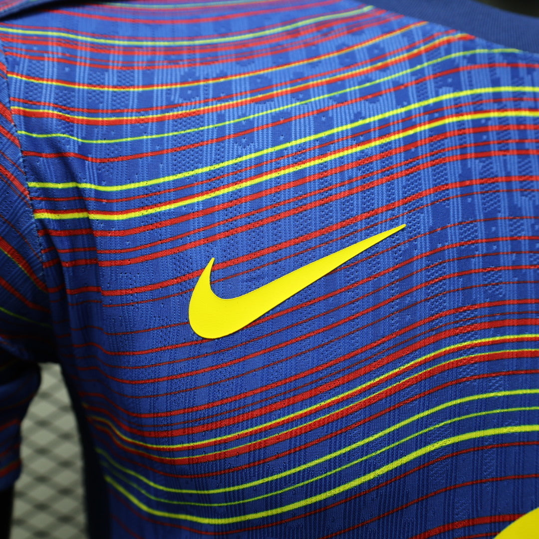 2025/26 FC Barcelona Pre-Match Player Version Jersey - Men's - Deep Purple-Blue Body Multicolour Wave Stripe - Dark Navy Crew Neck - Yellow Swoosh - FCB Crest - Spotify Yellow Sponsor
