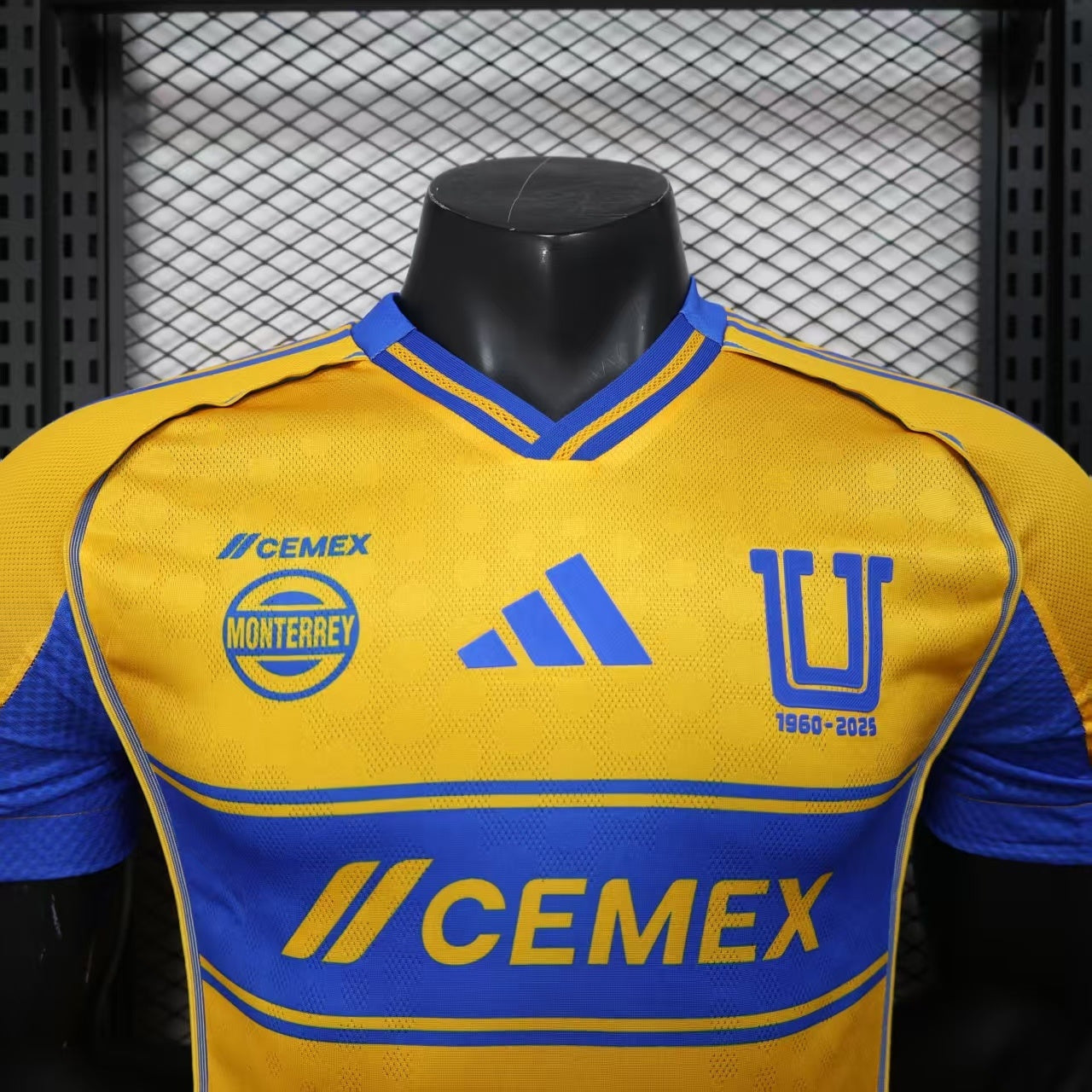 2025/26 Tigres UANL Home Player Version Jersey - Gold Yellow Body - Blue Horizontal Stripe Band - Blue Sleeves - CEMEX Blue Sponsor - Tigres U Crest