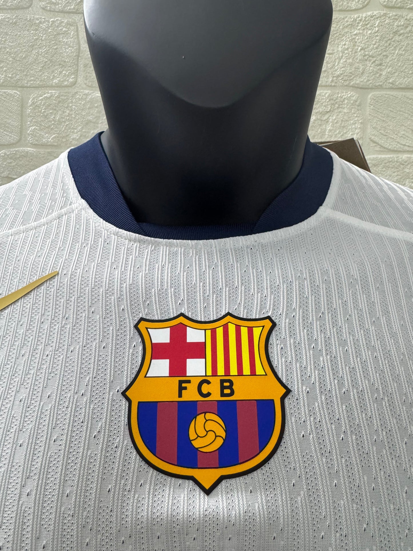 2025/26 FC Barcelona Special Edition Player Version Jersey - White Body Gold Details - Nike Dri-FIT ADV - Navy Blue Crew Neck & Cuffs - Gold Nike Swoosh - FCB Crest - Spotify Gold Sponsor