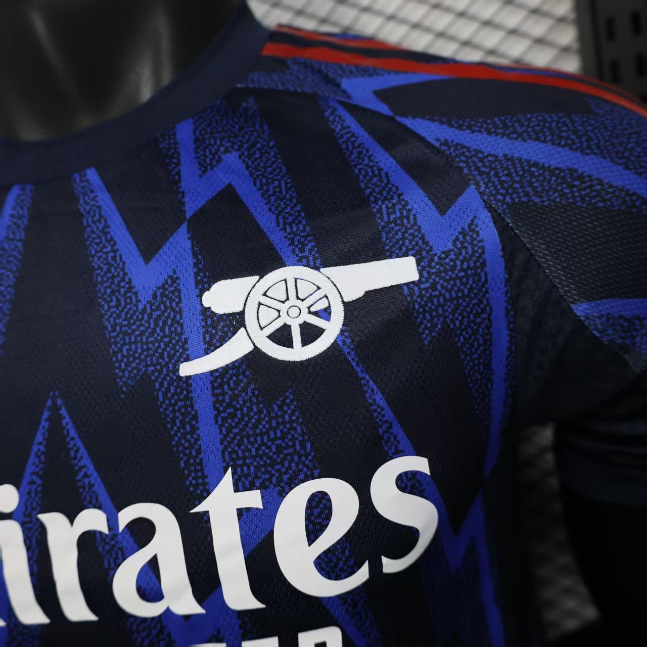 2025/26 Arsenal Away Player Version Jersey - Dark Navy Blue Body All-Over Blue Lightning Bolt Zigzag Graphic Red Sleeve Cuff Trim - White Three Stripes - Arsenal Cannon Crest - Emirates Fly Better - Men's
