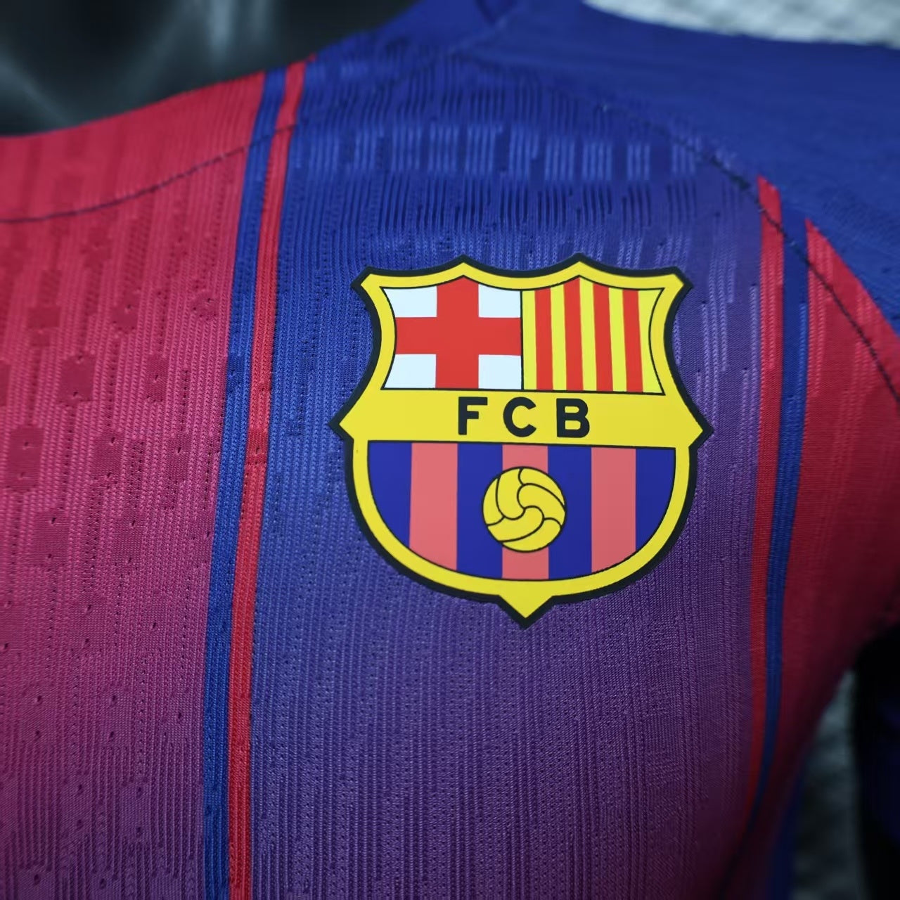 2025/26 FC Barcelona Home Player Version Jersey - Men's - Clean Chest No Sponsor - Dri-FIT ADV - Royal Blue & Deep Red Vertical Wide Stripe - White Crew Neck - Yellow Nike Swoosh - FCB Crest