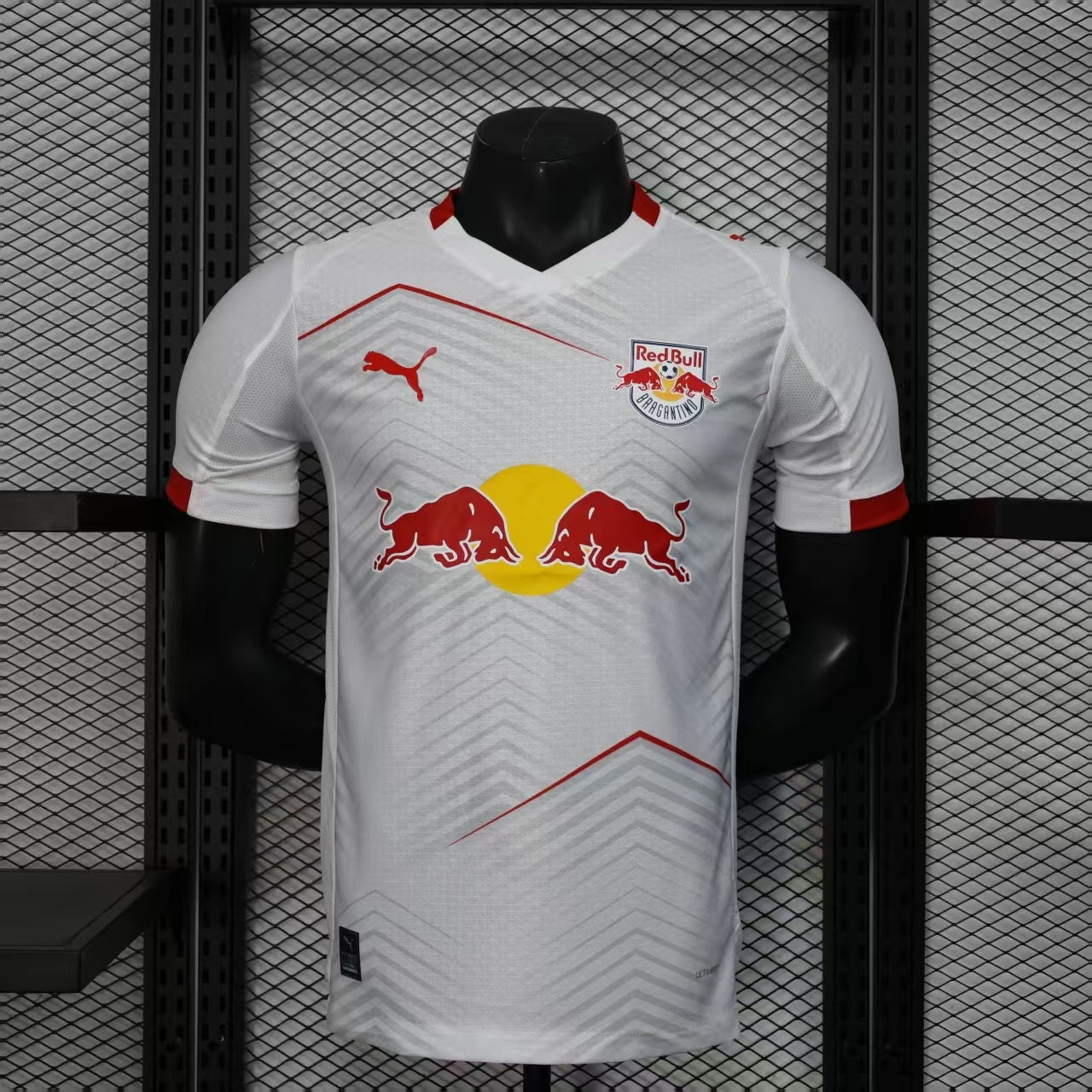 2025/26 Red Bull Bragantino Home Player Version Jersey -  White Silver Grey Large V-Shape Chevron Pattern - Red Bull Double Bull Yellow Sun Crest