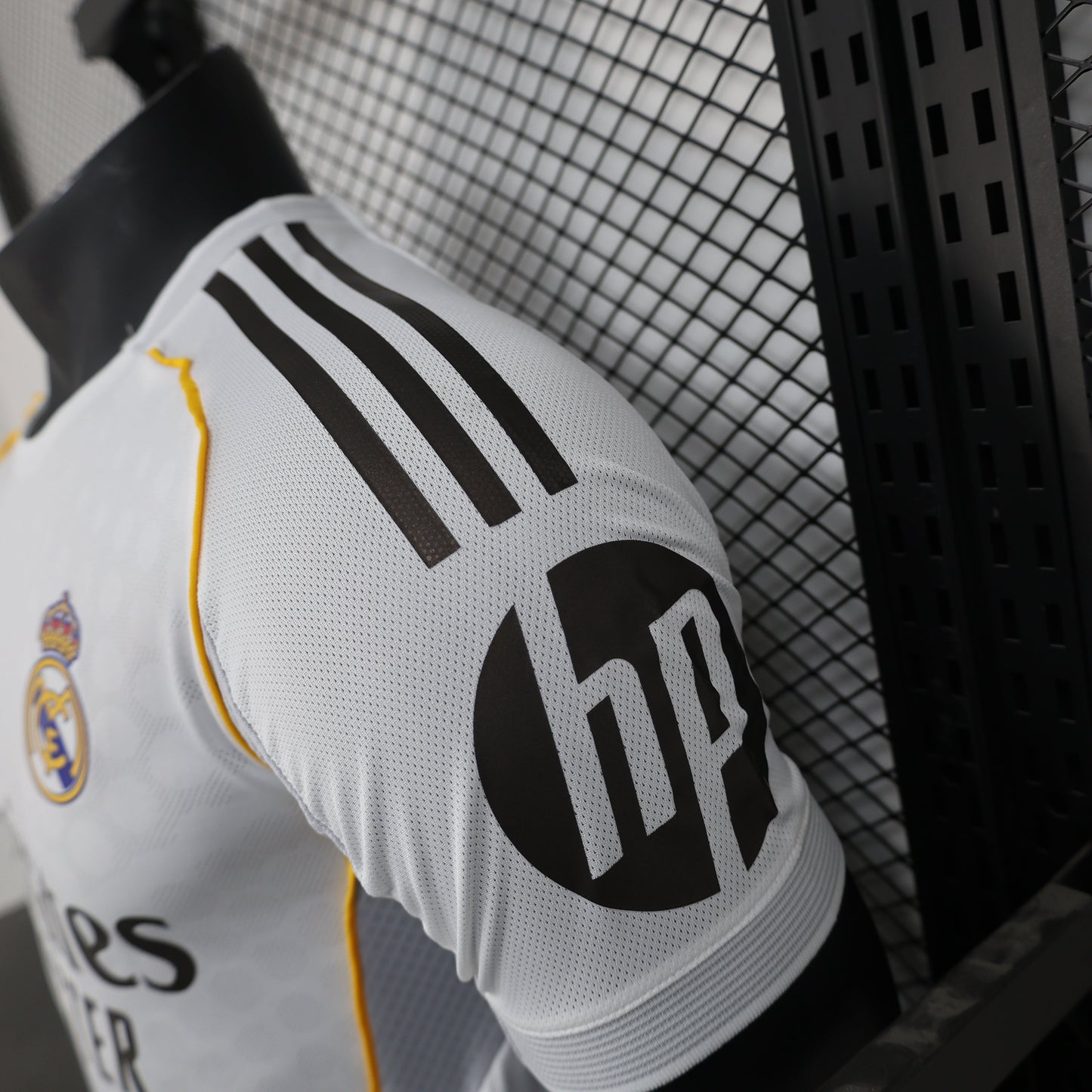 2025/26 Real Madrid Home Player Version Jersey -  White Grey Tonal Diamond Honeycomb Texture - Gold Yellow Side Seam Piping - Emirates Fly Better