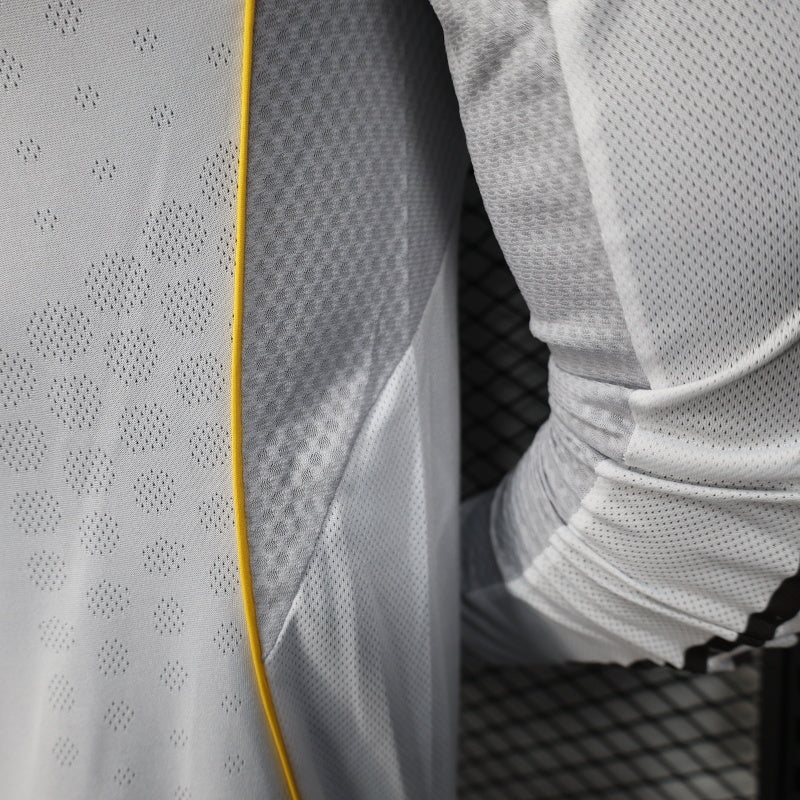 2025/26 Real Madrid Home Long Sleeve Player Version Jersey - White Grey Tonal Fine Texture - Gold Yellow Side Seam Piping - Emirates Fly Better