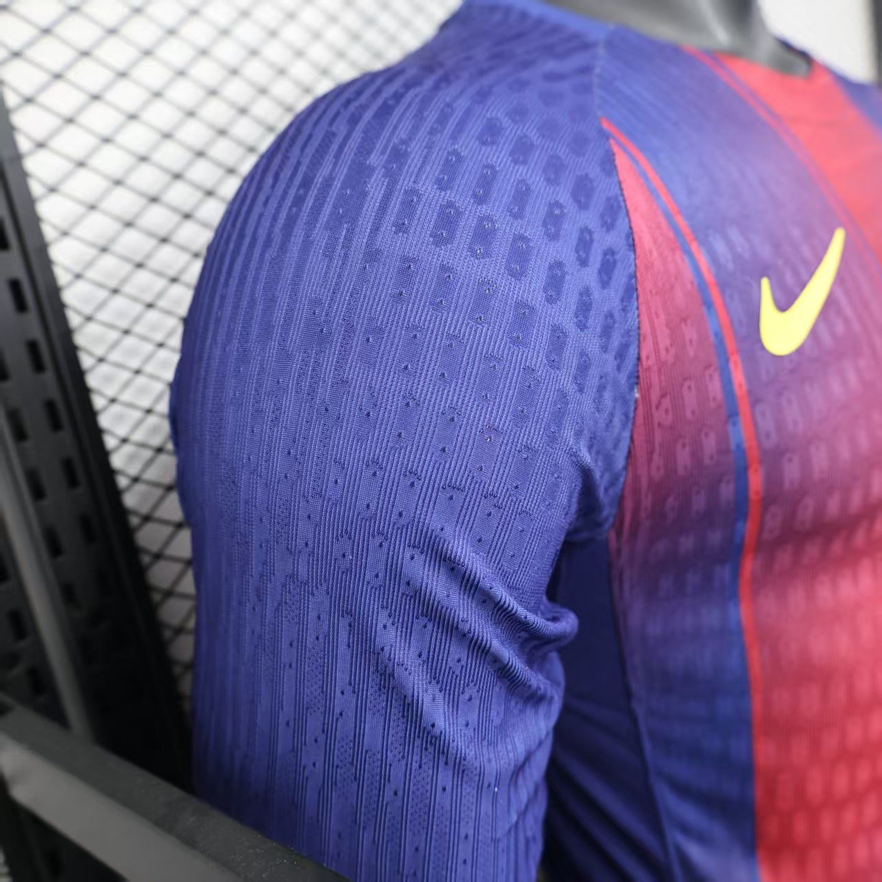 2025/26 FC Barcelona Home Long Sleeve Player Version Jersey - Men's - Dri-FIT ADV - Royal Blue & Deep Red Vertical Wide Stripe - White Crew Neck - Yellow Nike Swoosh - FCB Crest - Spotify Yellow Sponsor