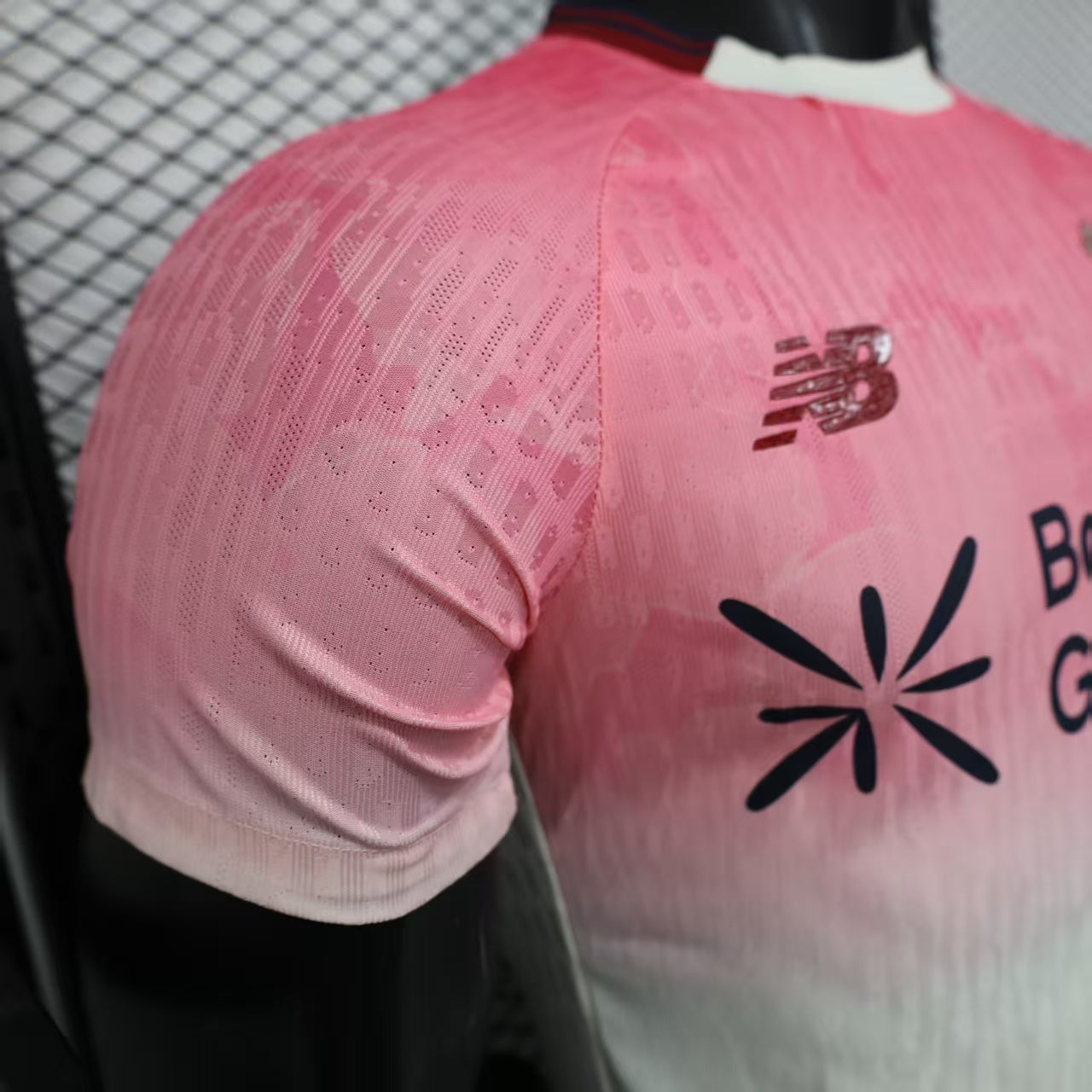 2025/26 Bayer Leverkusen Away Player Version Jersey - Pink-to-White Gradient - New Balance - Crew Neck Dark Red Trim - Bayer Leverkusen Crest - Barmenia Gothaer Principal Sponsor