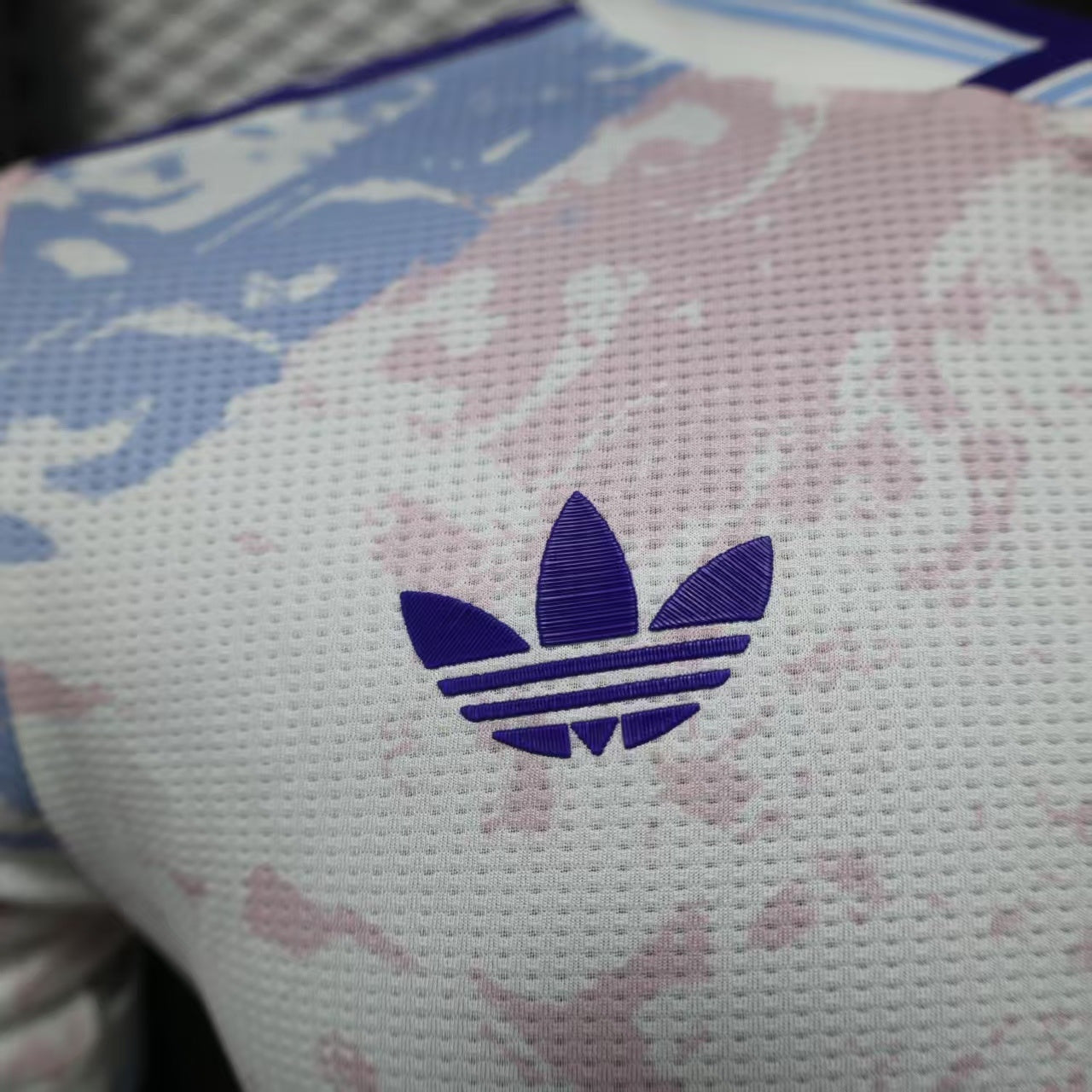 2025/26 Aston Villa Away Player Version Jersey - White Body All-Over Blue Pink Watercolour Wash Camo Graphic Dark Navy V-Neck Collar Dark Navy Sleeve Cuff Trim - Originals Trefoil - Aston Villa Lion Shield Crest - Betano - Men's